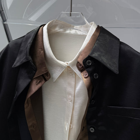 glossy cropped satin shirt / black