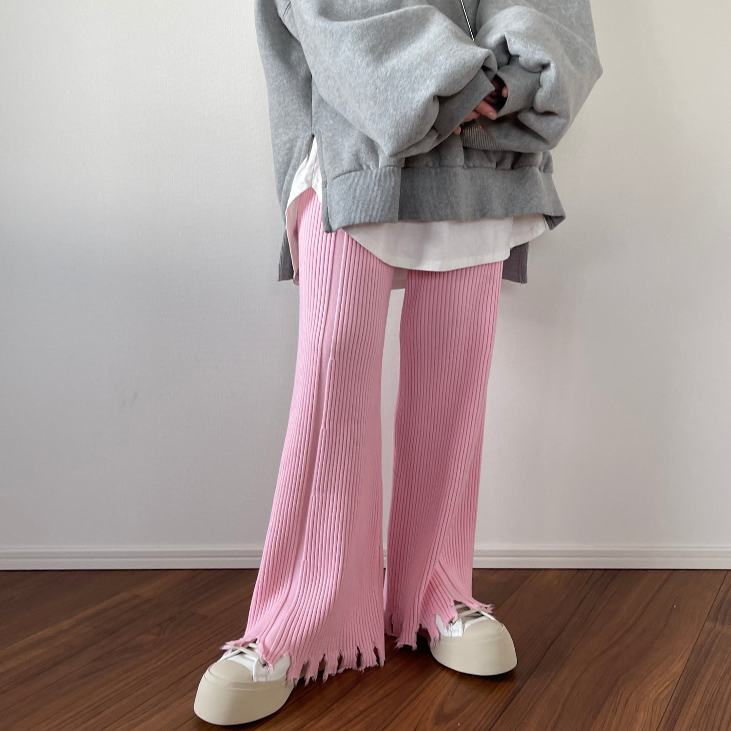 fringe knit flare pants / pink