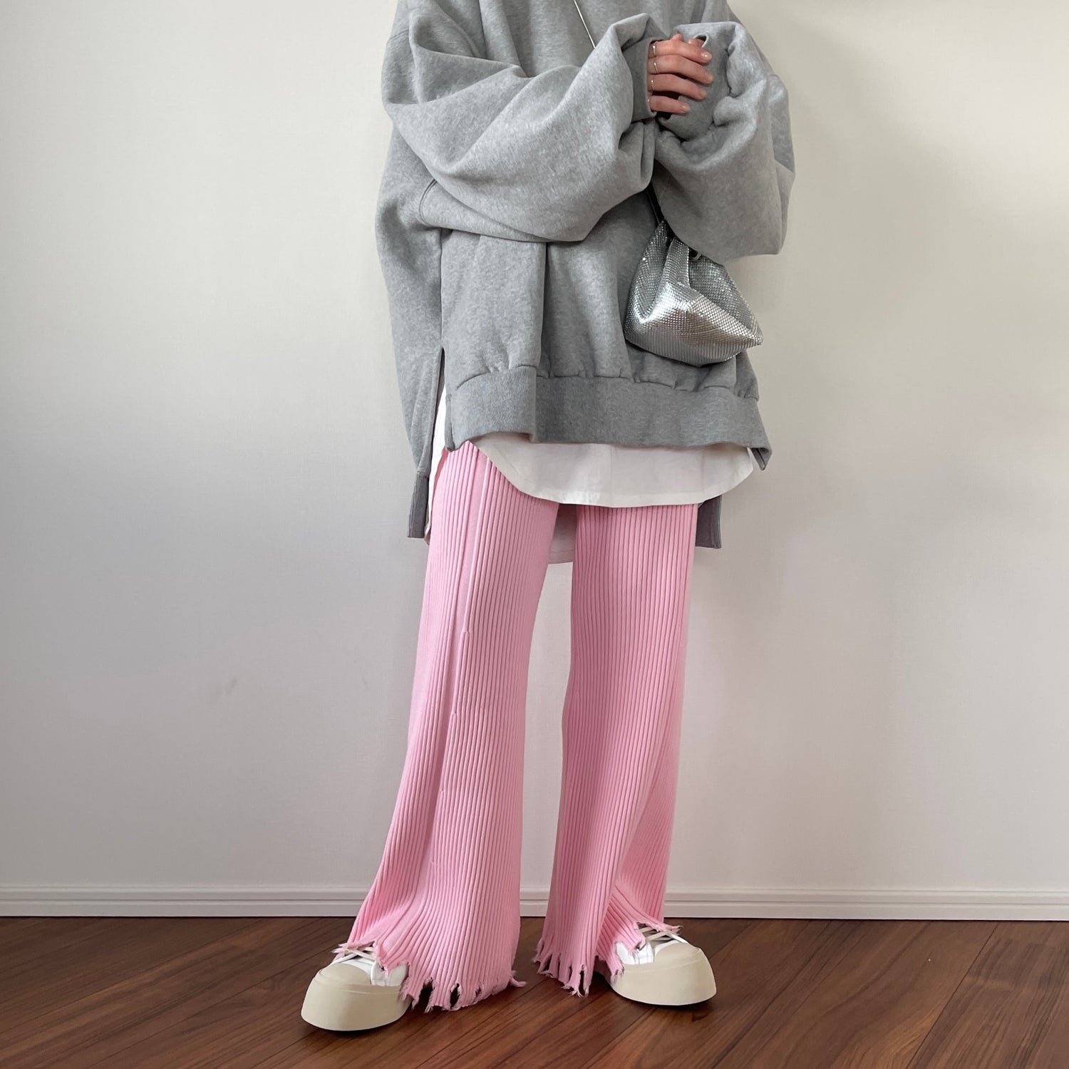 fringe knit flare pants / pink