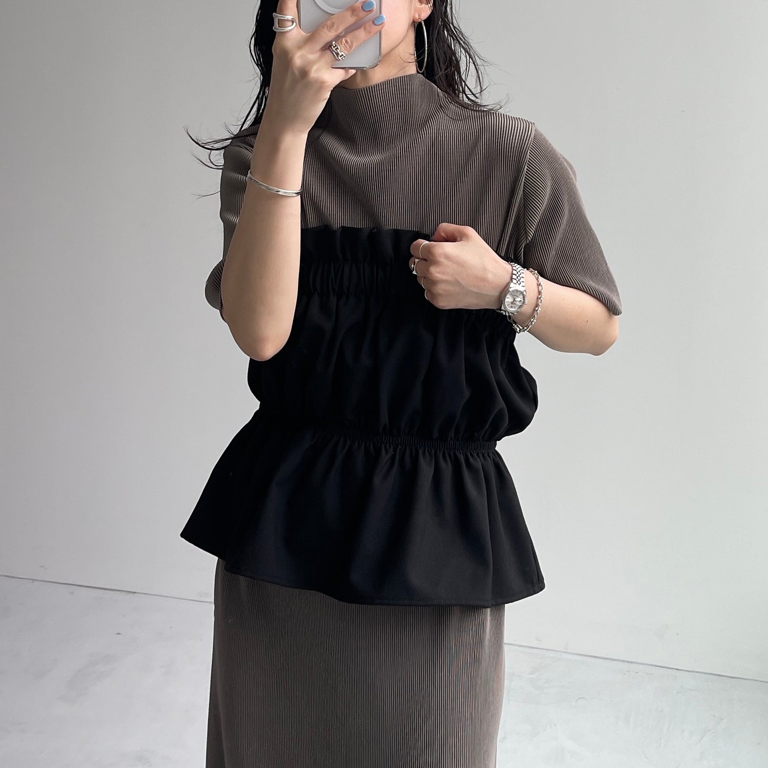 daily daily super stretch pleats one piece / ash gray [半袖 FREE or LONG]