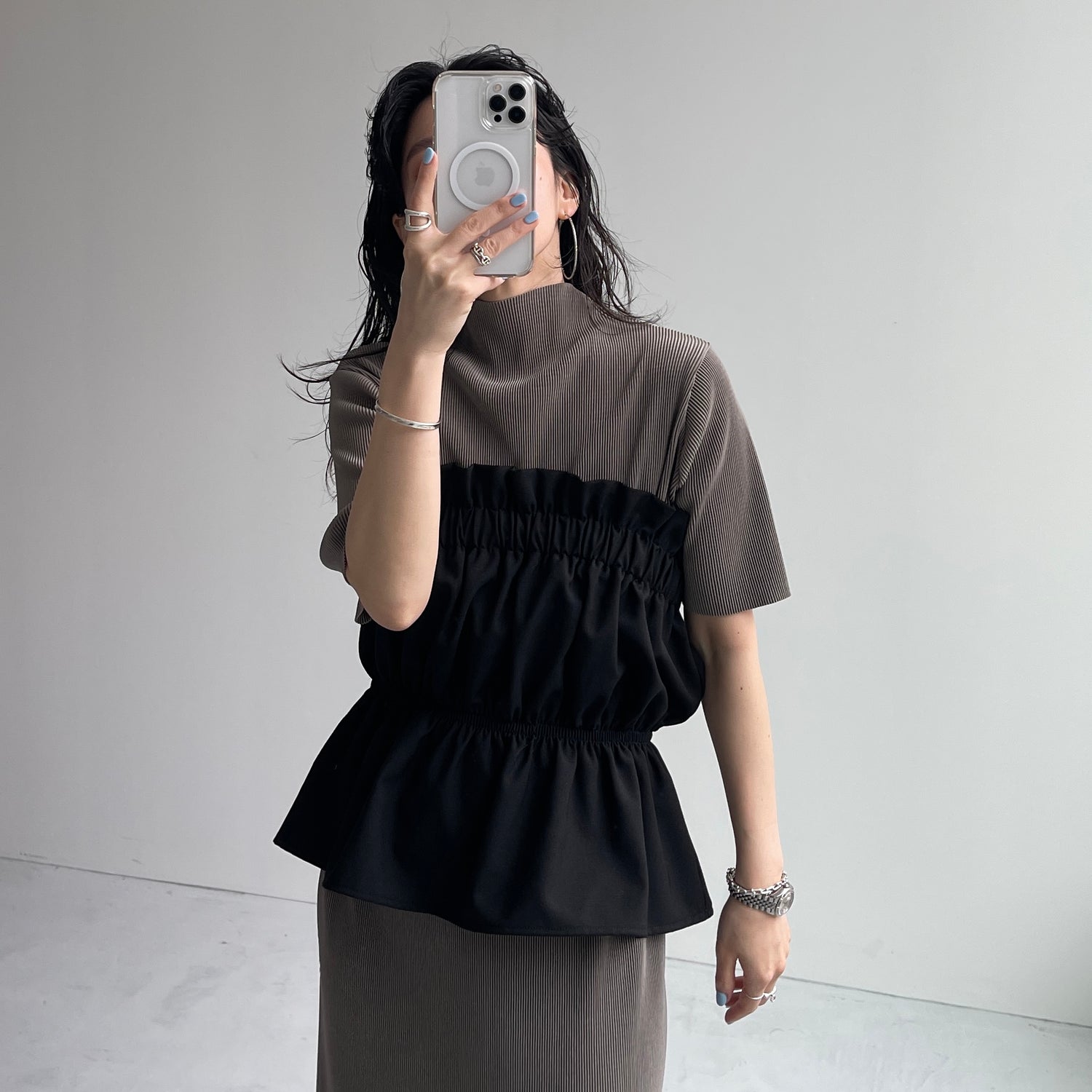 daily daily super stretch pleats one piece / ash gray [半袖 FREE or LONG]