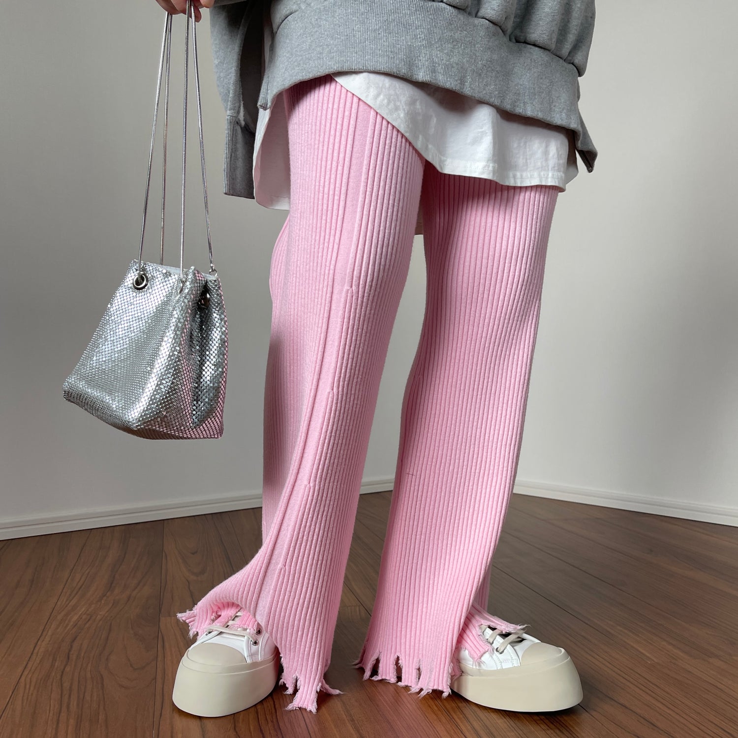 fringe knit flare pants / pink