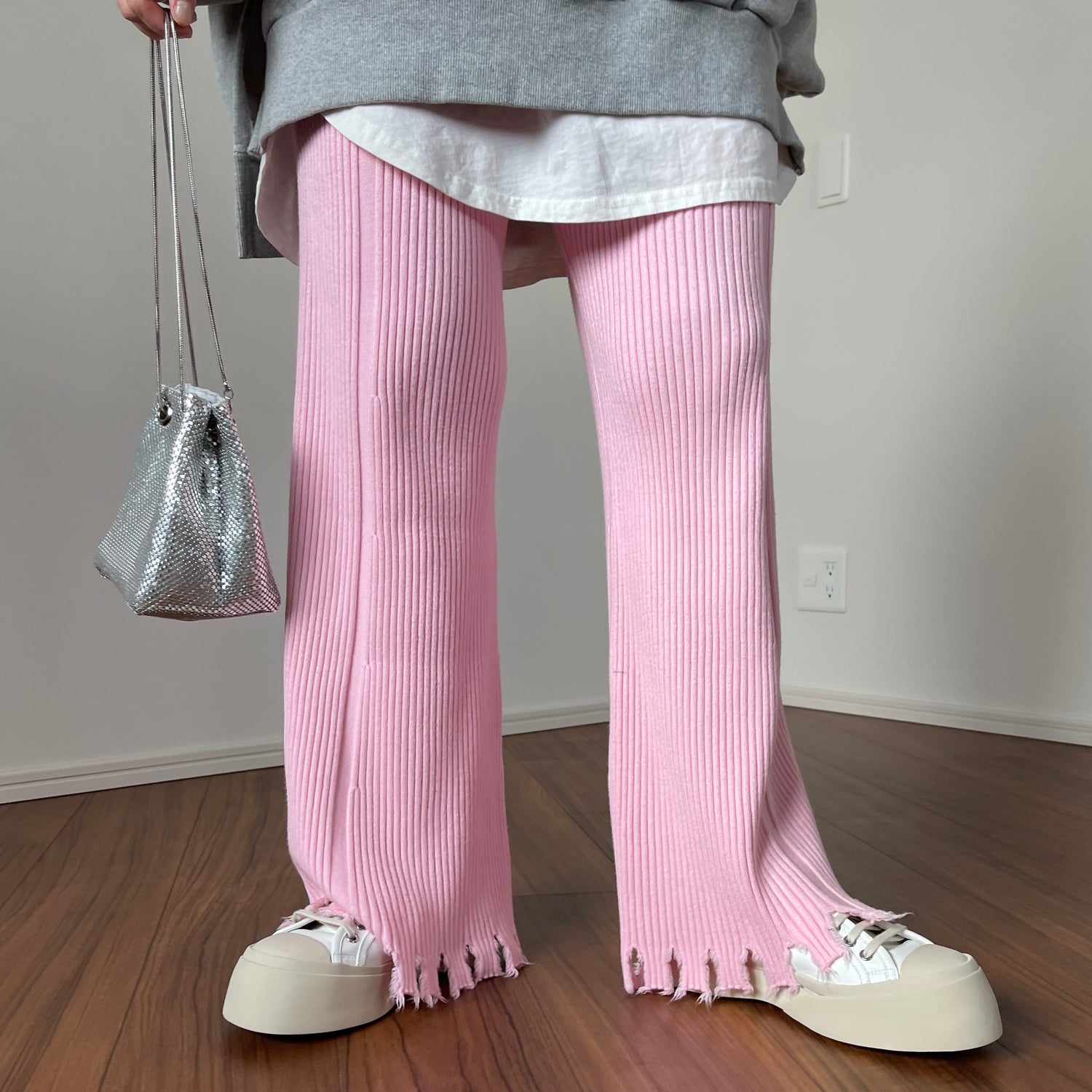 fringe knit flare pants / pink