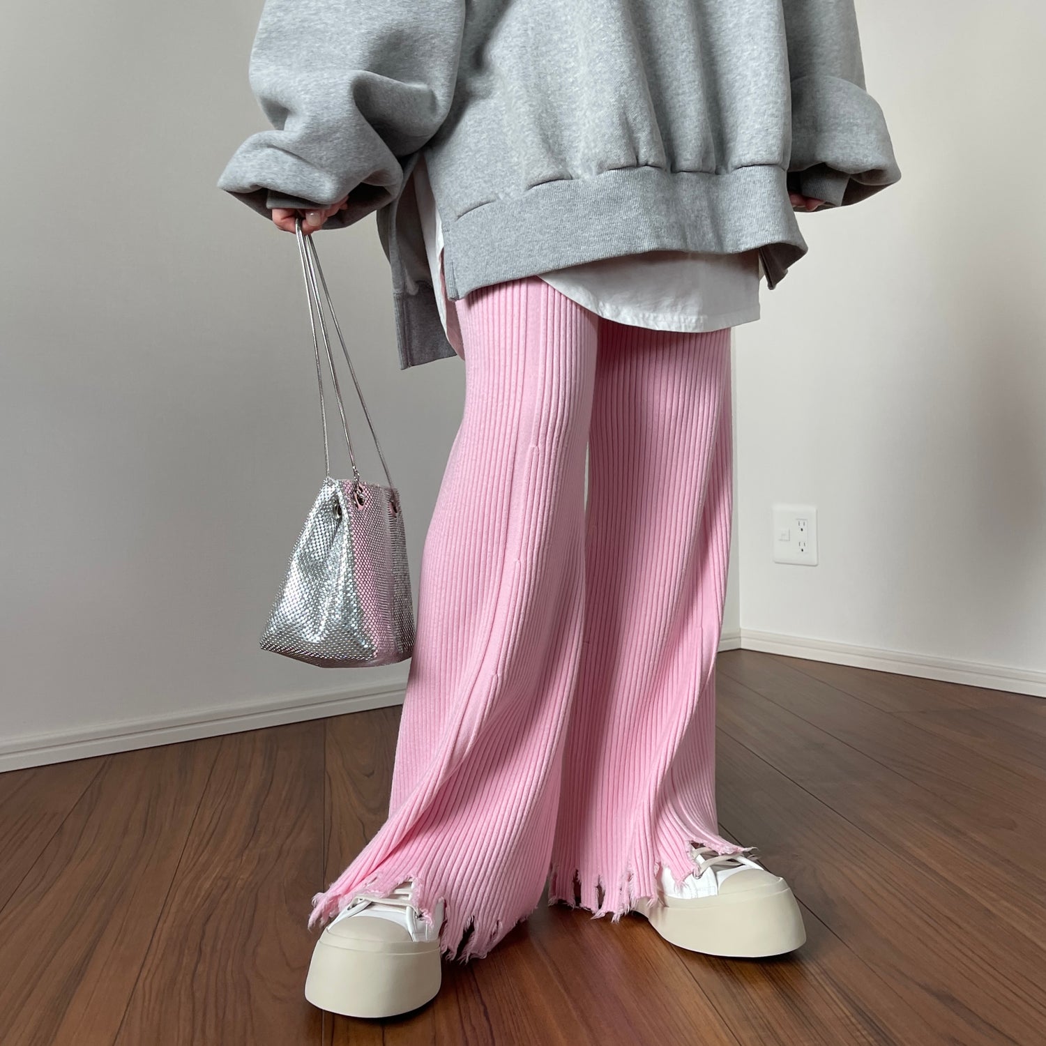 fringe knit flare pants / pink
