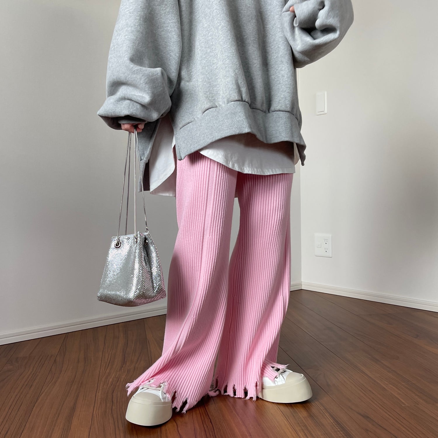 fringe knit flare pants / pink