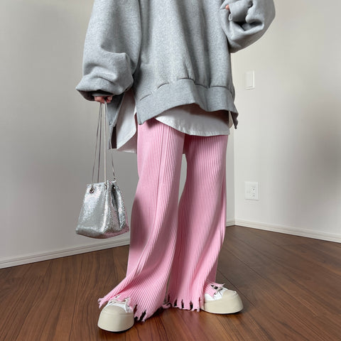 fringe knit flare pants / pink