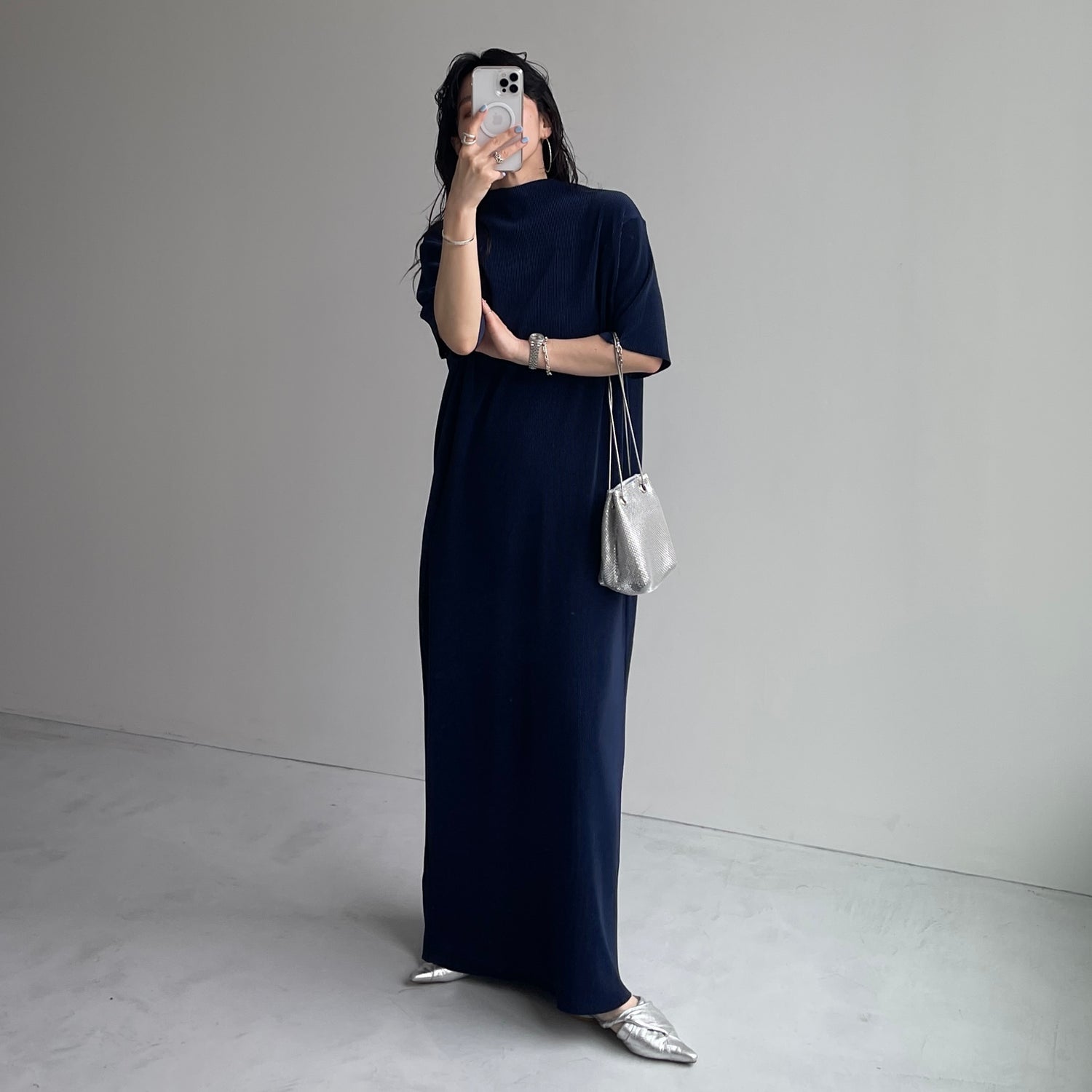 daily daily super stretch pleats one piece / navy [半袖 FREE or LONG]