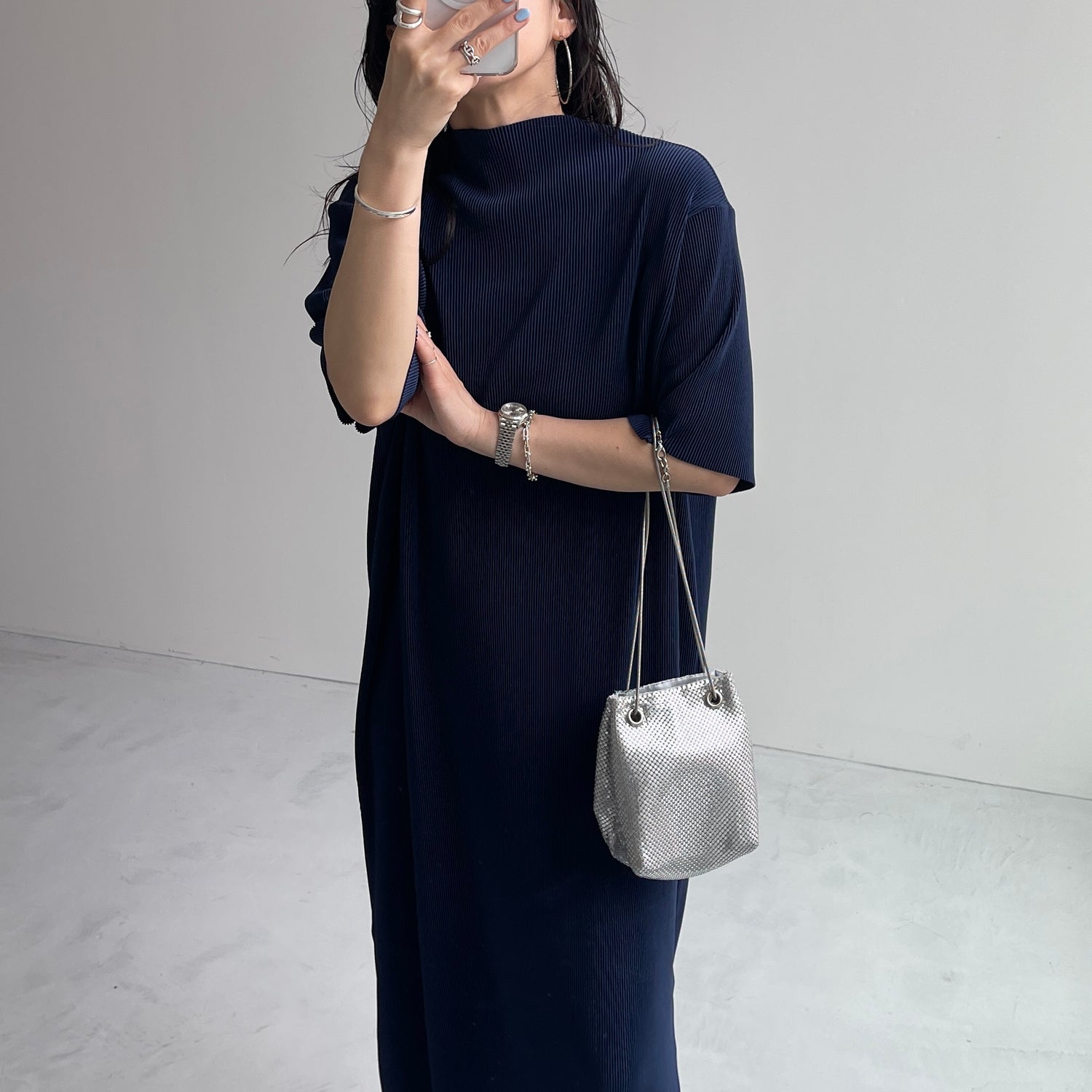 daily daily super stretch pleats one piece / navy [半袖 FREE or LONG]