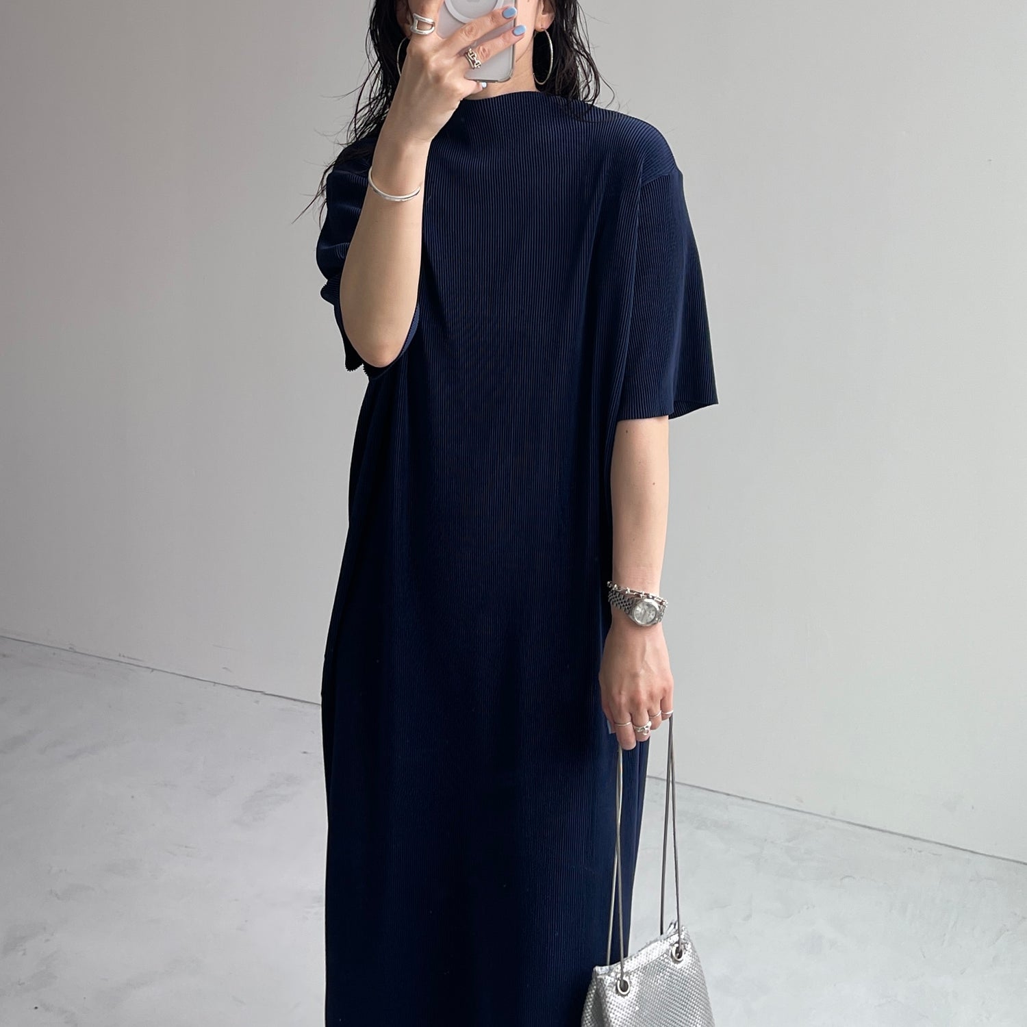 daily daily super stretch pleats one piece / navy [半袖 FREE or LONG]