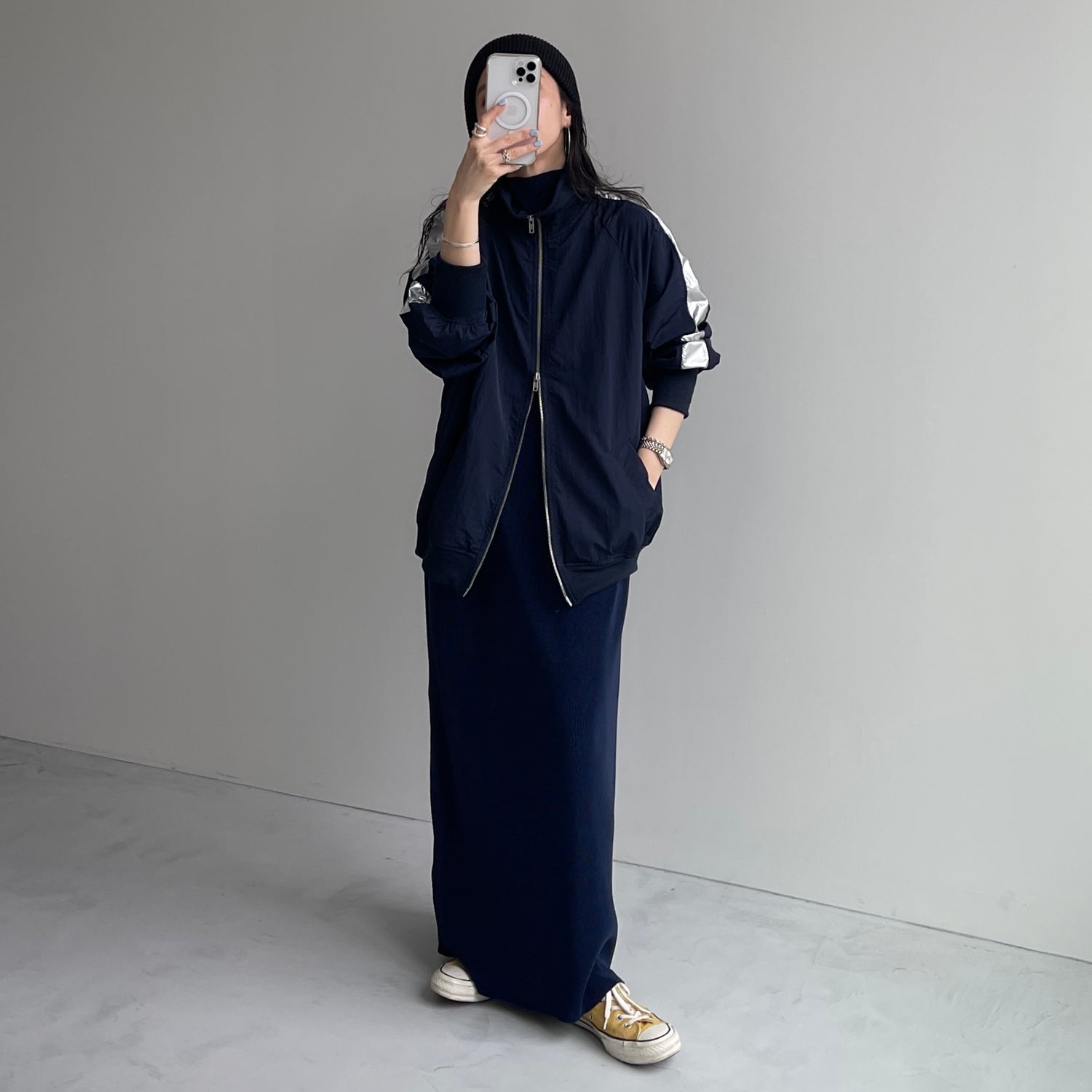 daily daily super stretch pleats one piece / navy [半袖 FREE or LONG]