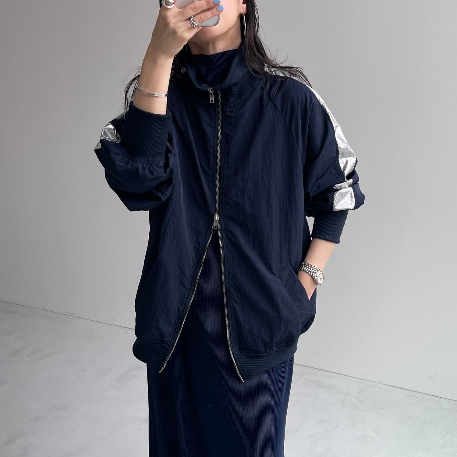 daily daily super stretch pleats one piece / navy [半袖 FREE or LONG]