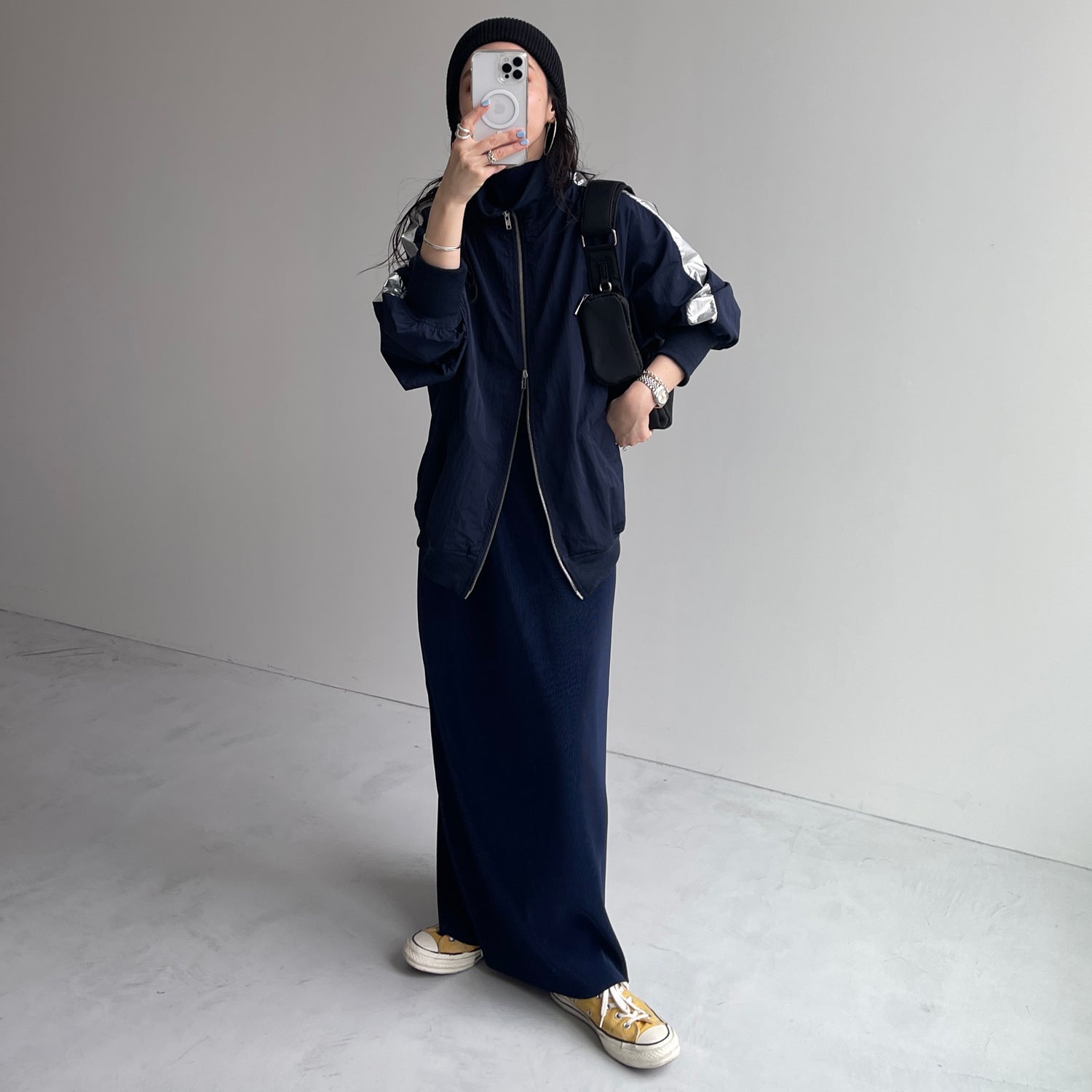 daily daily super stretch pleats one piece / navy [半袖 FREE or LONG]