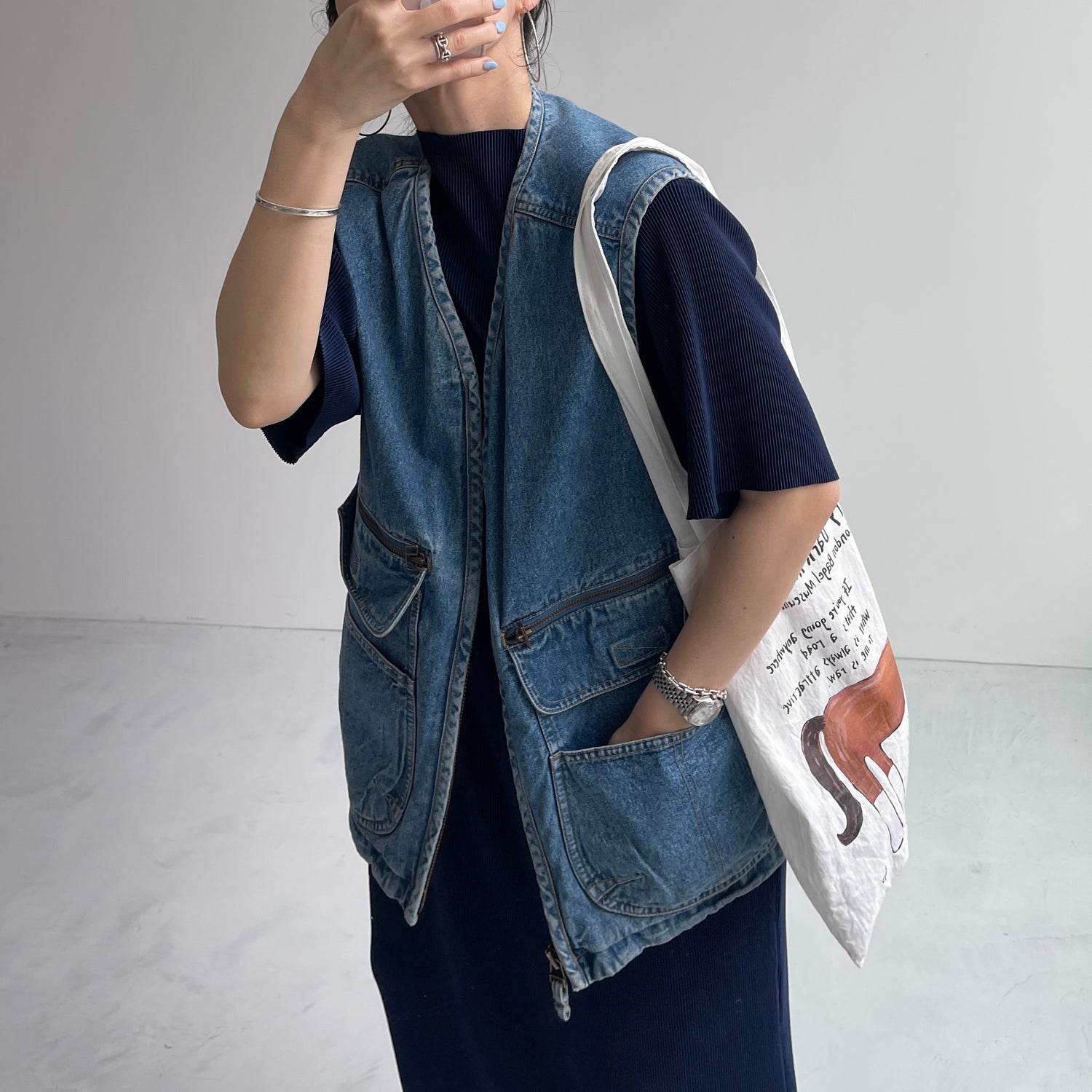 daily daily super stretch pleats one piece / navy [半袖 FREE or LONG]