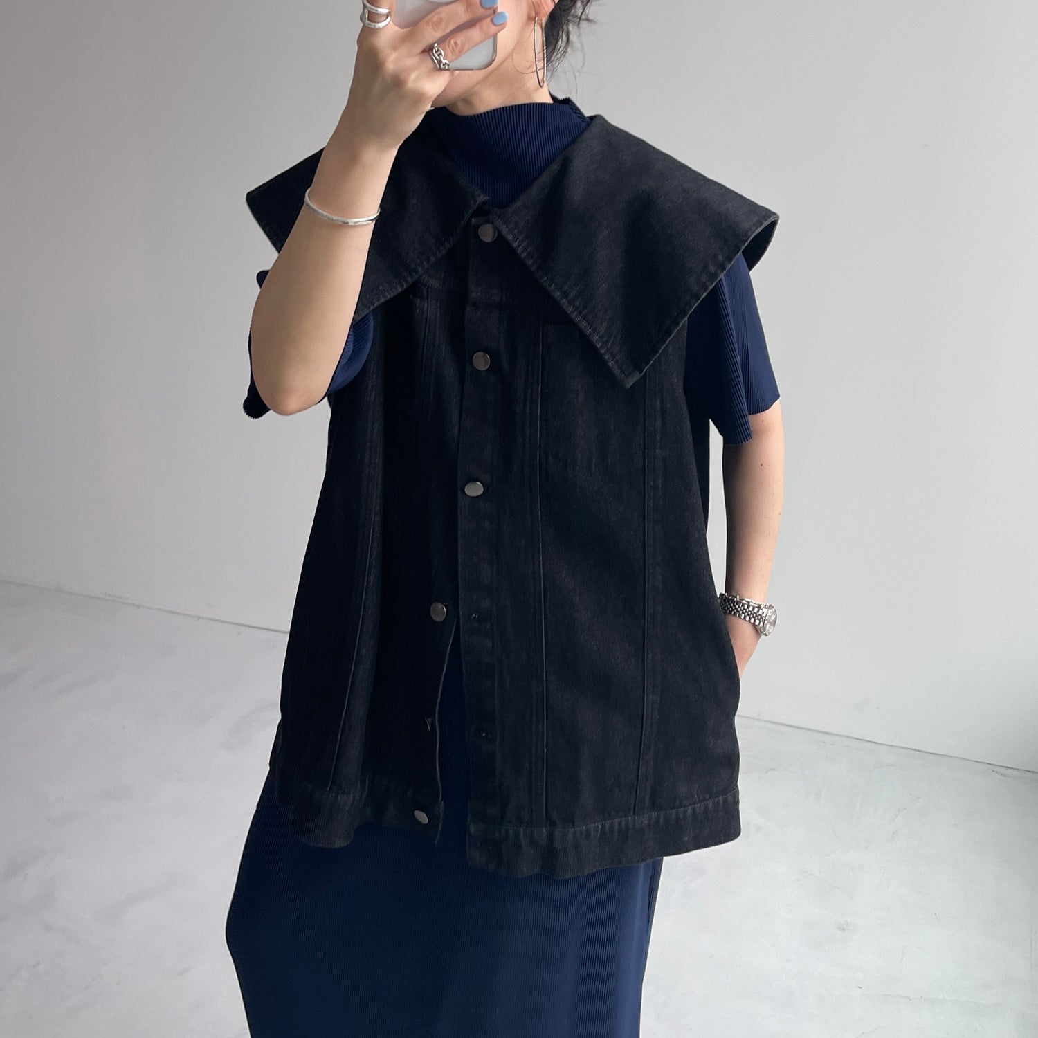 daily daily super stretch pleats one piece / navy [半袖 FREE or LONG]