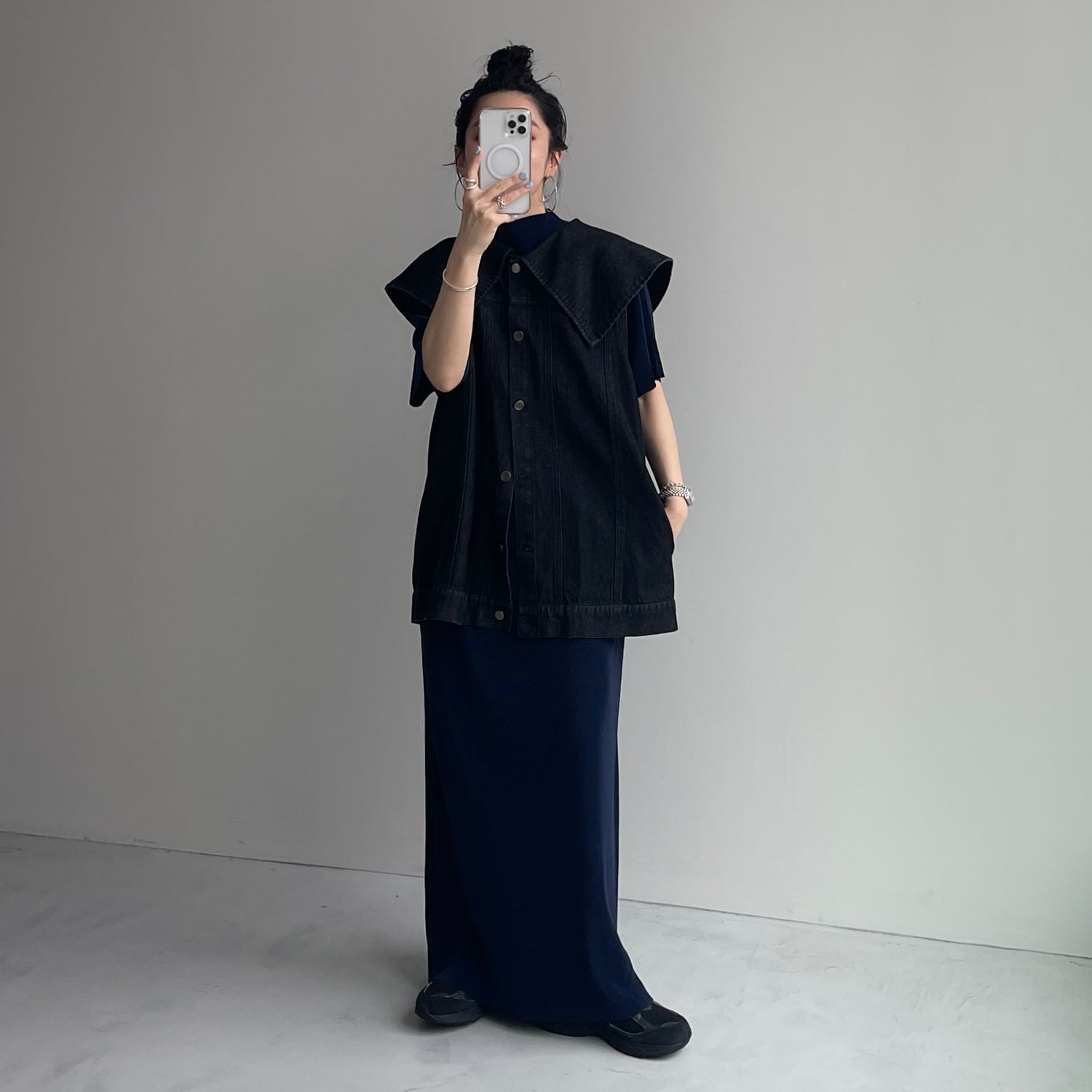 daily daily super stretch pleats one piece / navy [半袖 FREE or LONG]