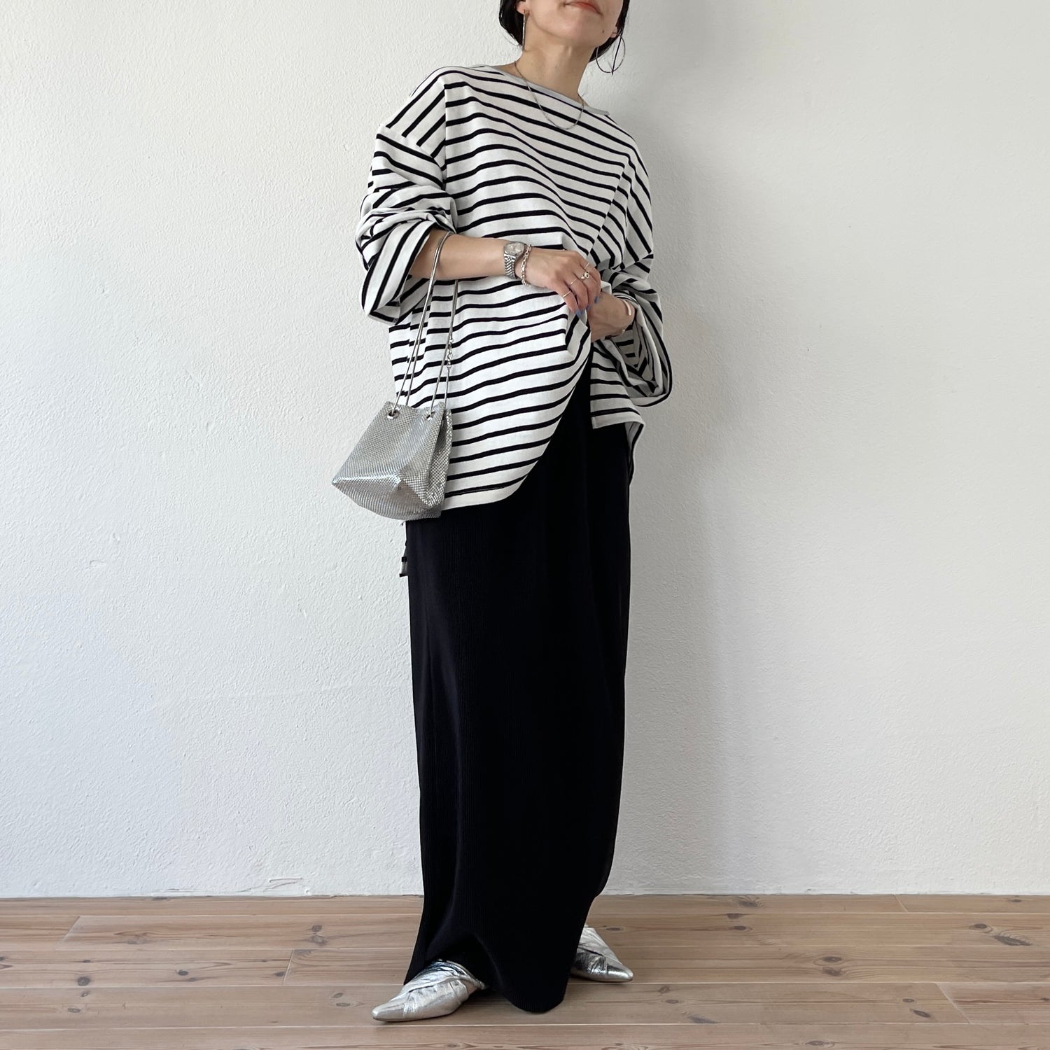 wide sleeve over size border tee / clear black×silver