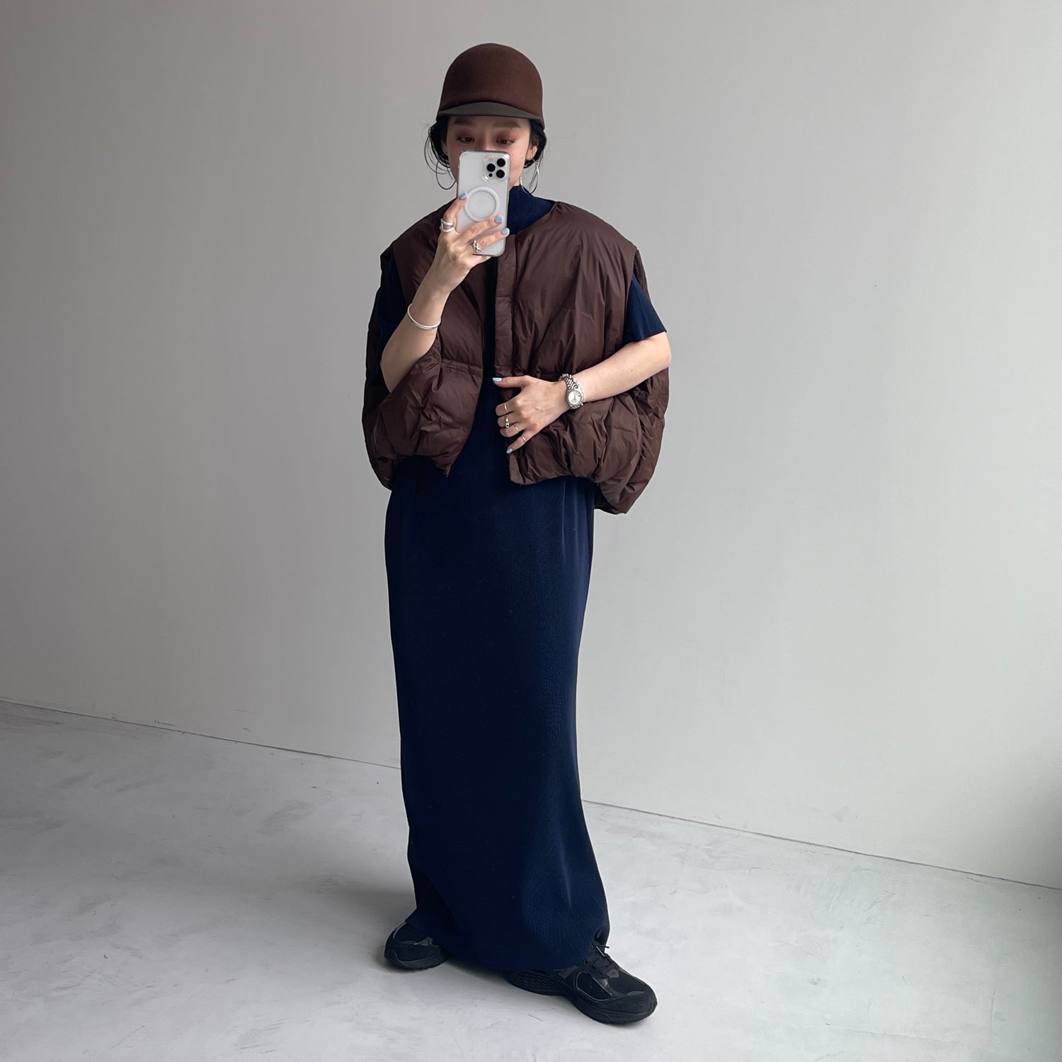 daily daily super stretch pleats one piece / navy [半袖 FREE or LONG]