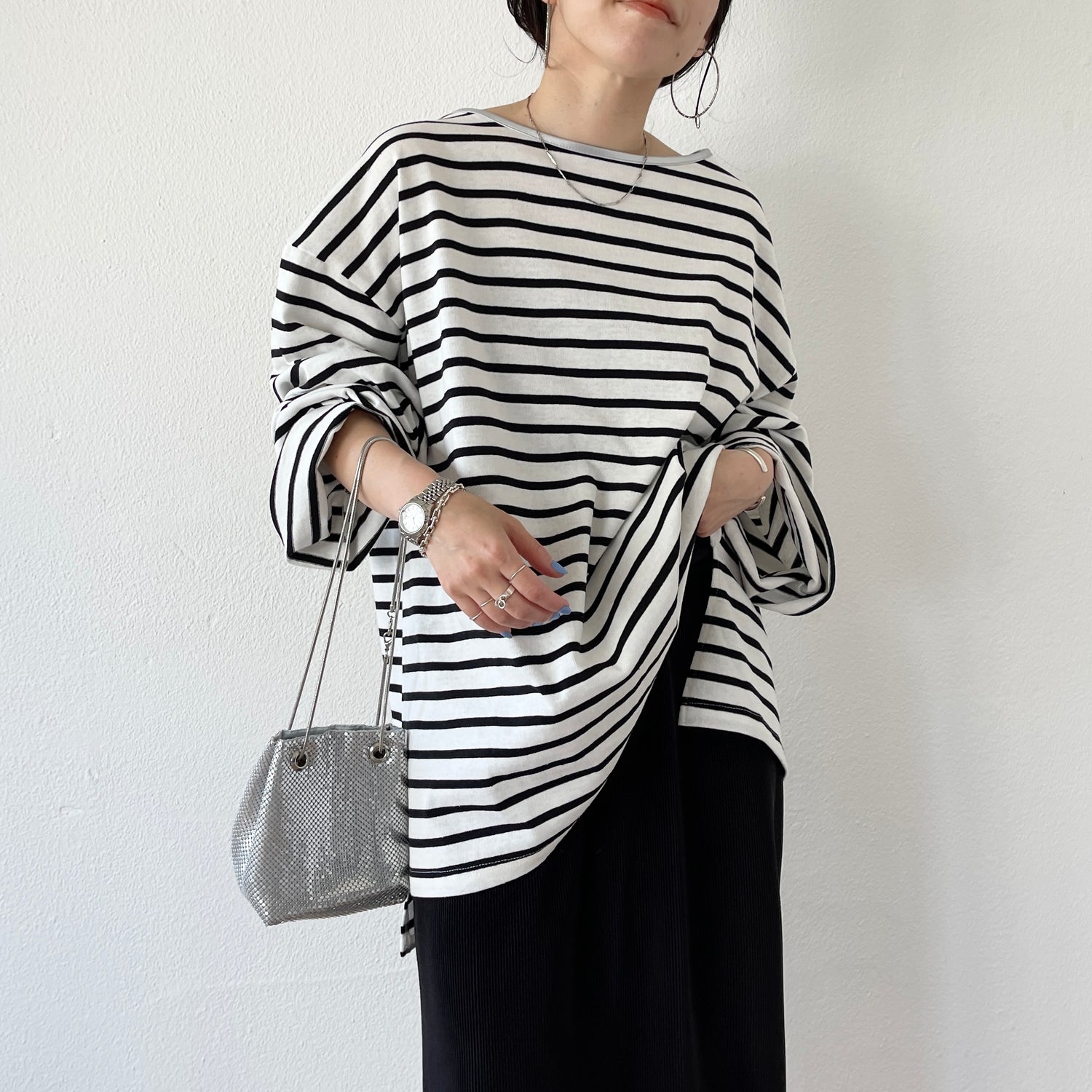 wide sleeve over size border tee / clear black×silver