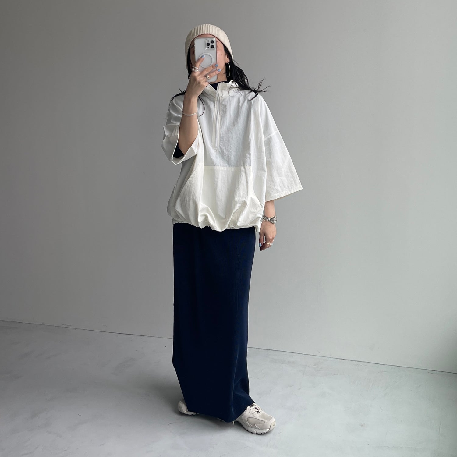daily daily super stretch pleats one piece / navy [半袖 FREE or LONG]