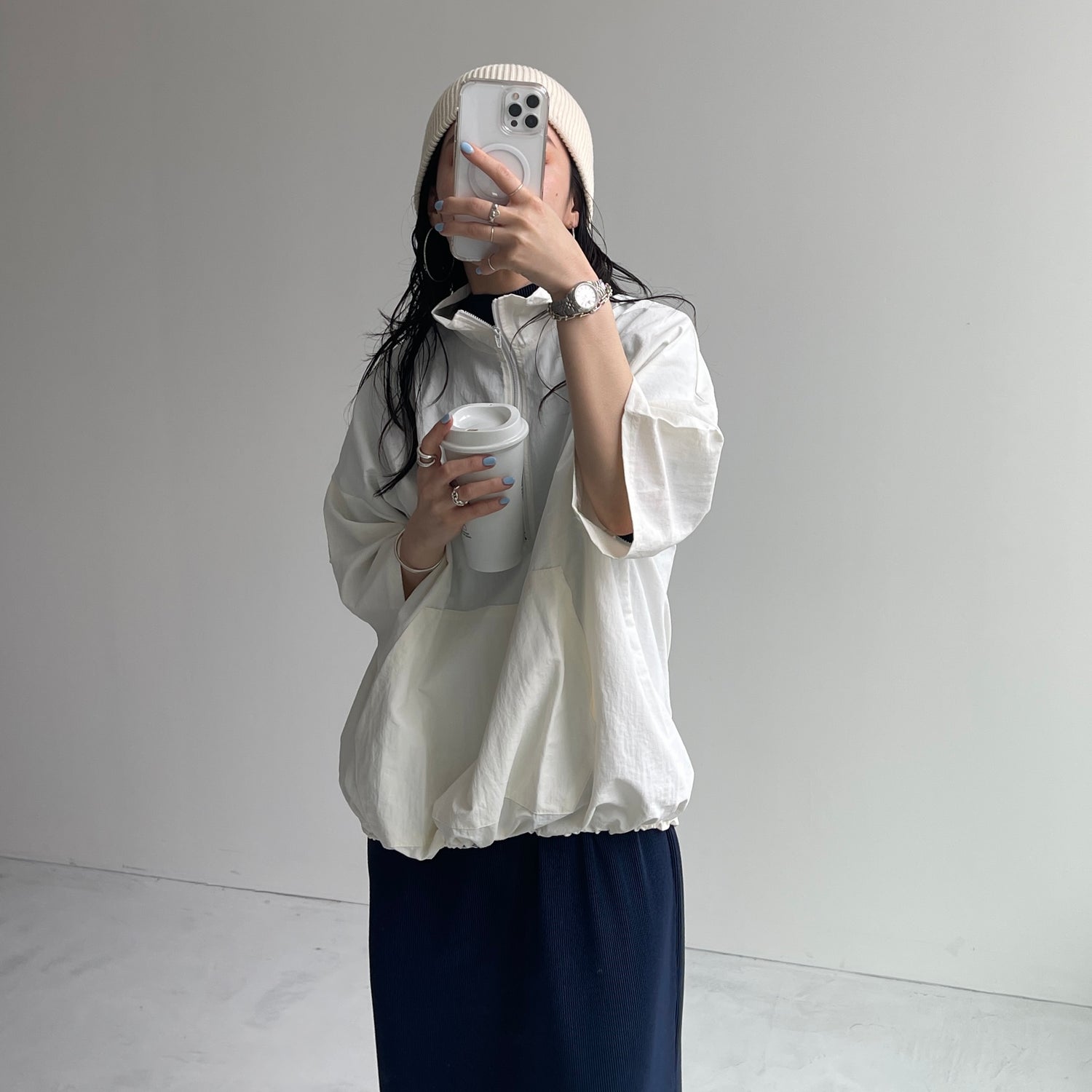 daily daily super stretch pleats one piece / navy [半袖 FREE or LONG]