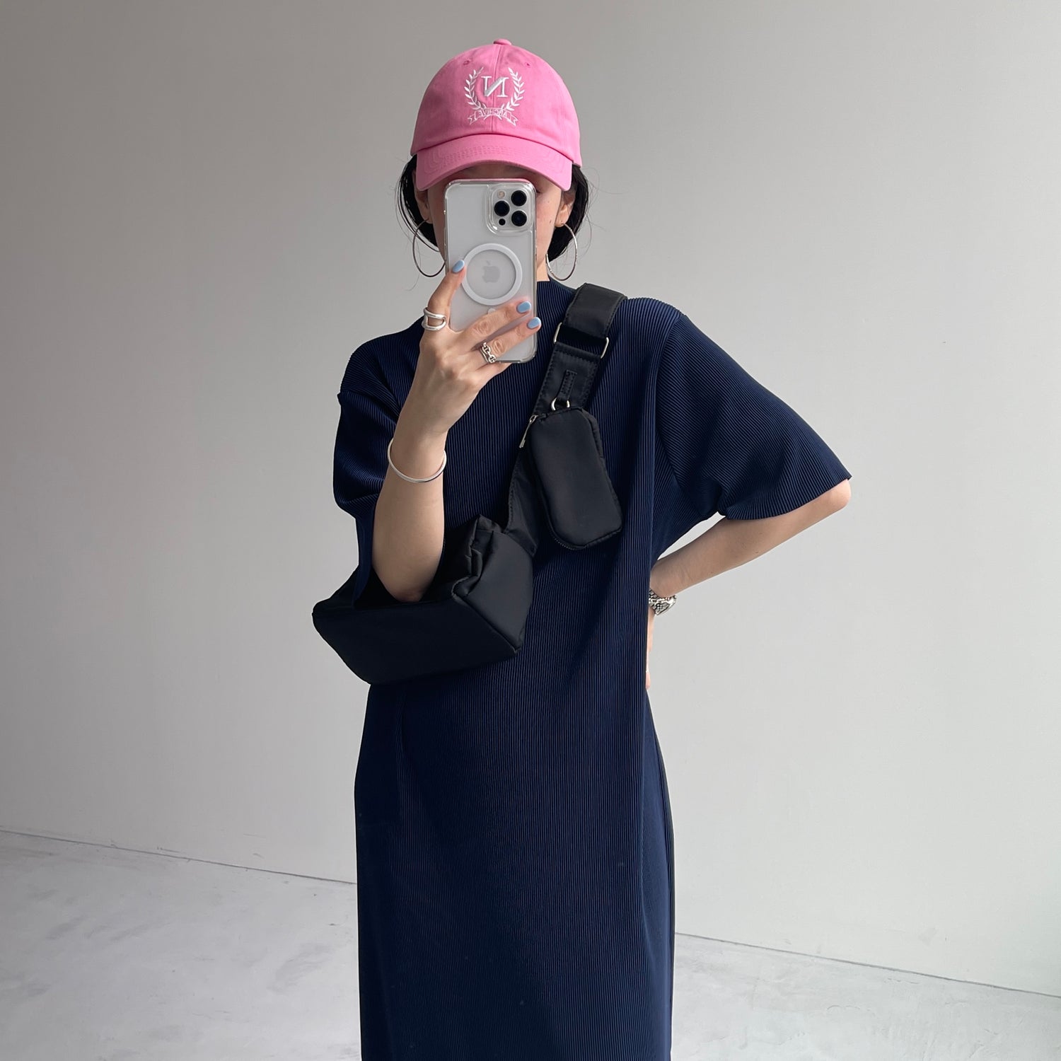daily daily super stretch pleats one piece / navy [半袖 FREE or LONG]