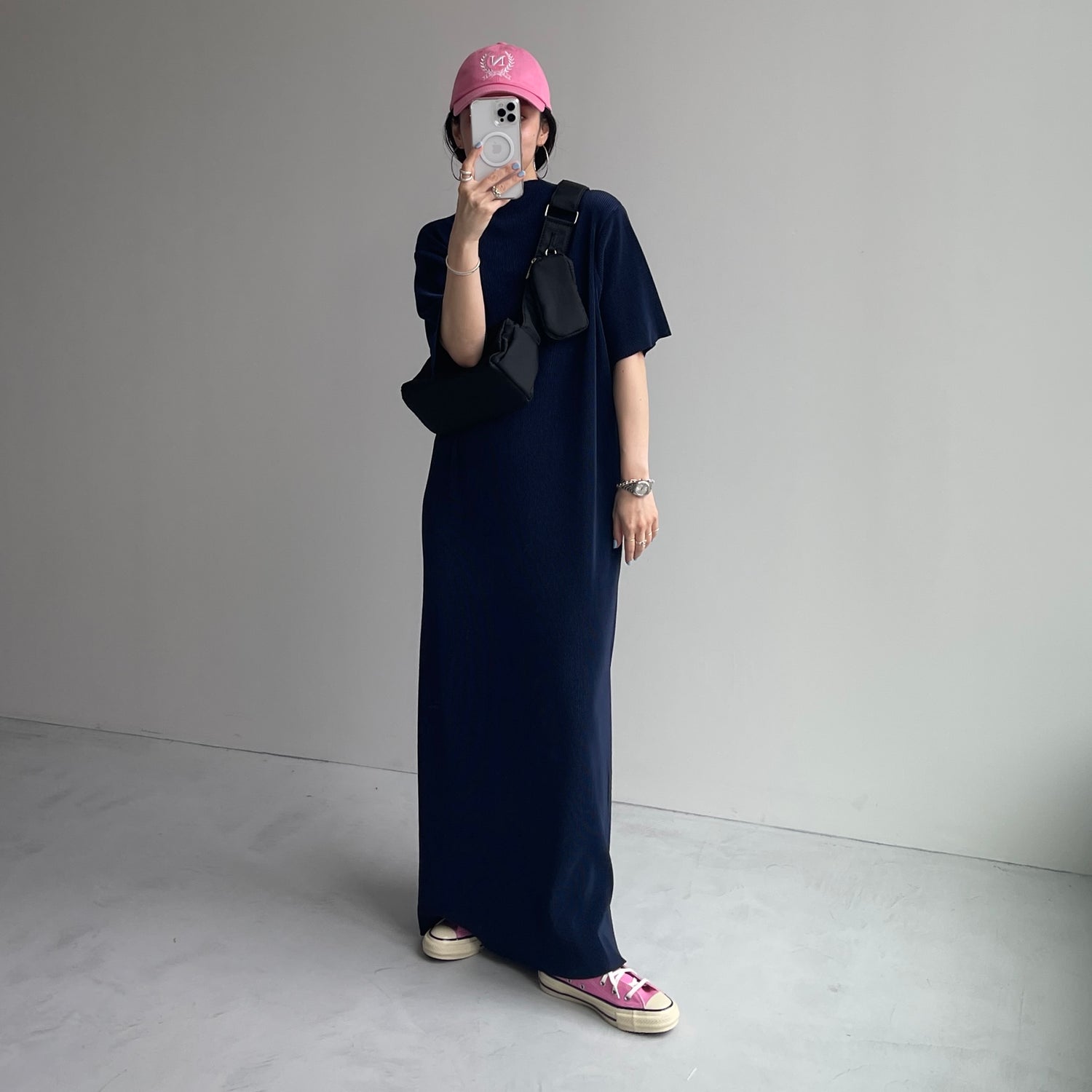 daily daily super stretch pleats one piece / navy [半袖 FREE or LONG]