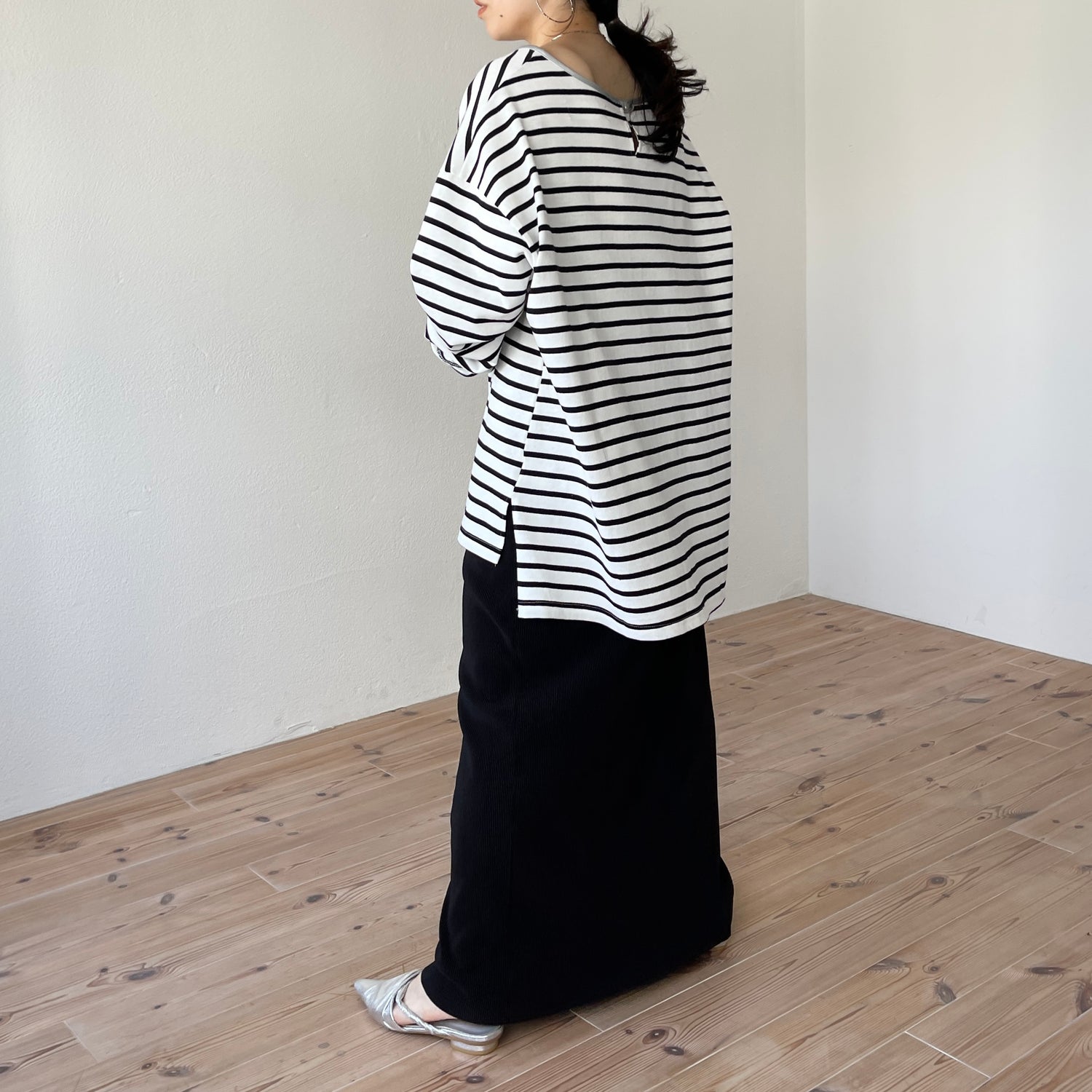 wide sleeve over size border tee / clear black×silver