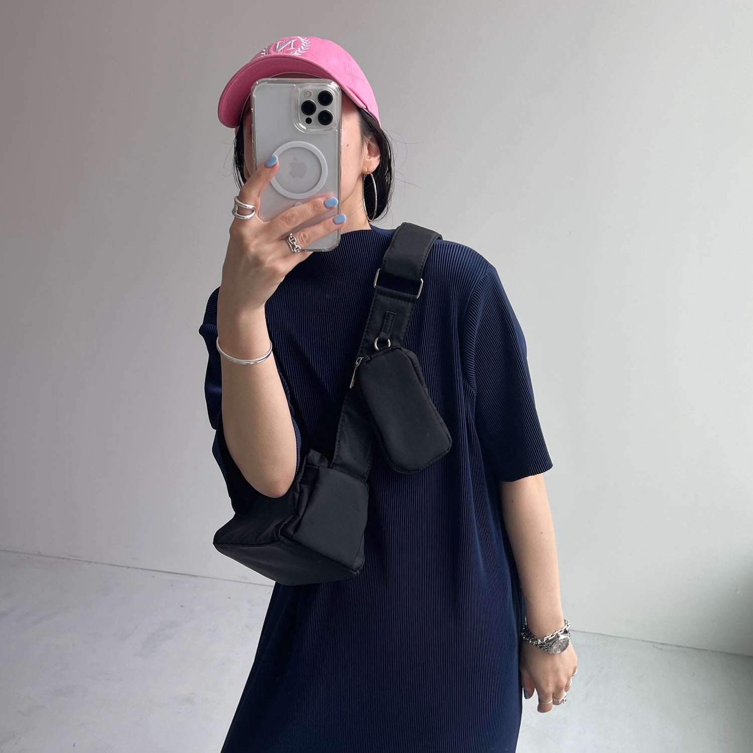 daily daily super stretch pleats one piece / navy [半袖 FREE or LONG]