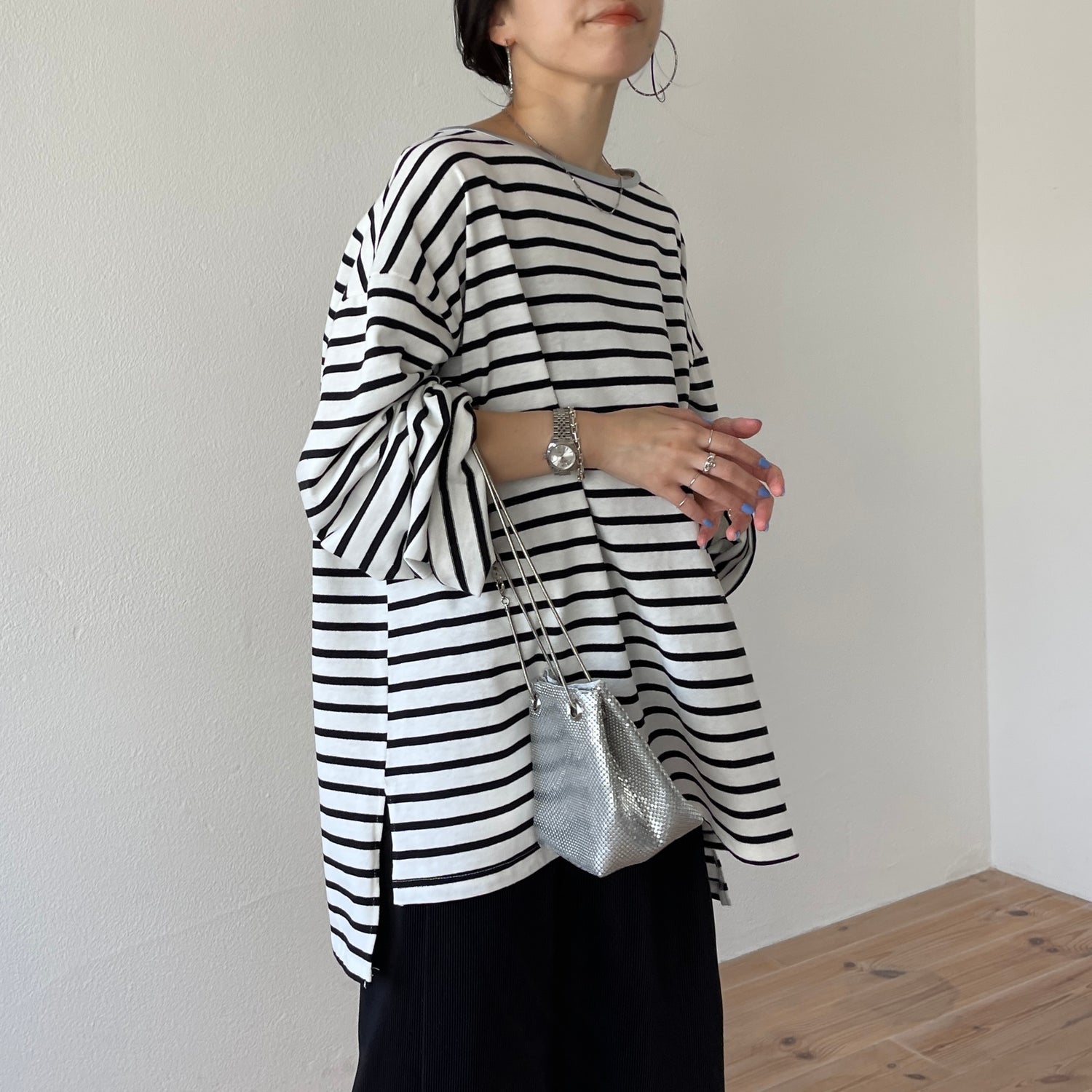 wide sleeve over size border tee / clear black×silver