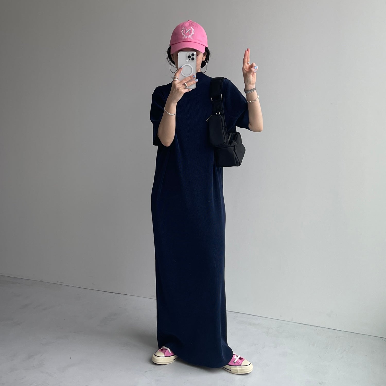daily daily super stretch pleats one piece / navy [半袖 FREE or LONG]