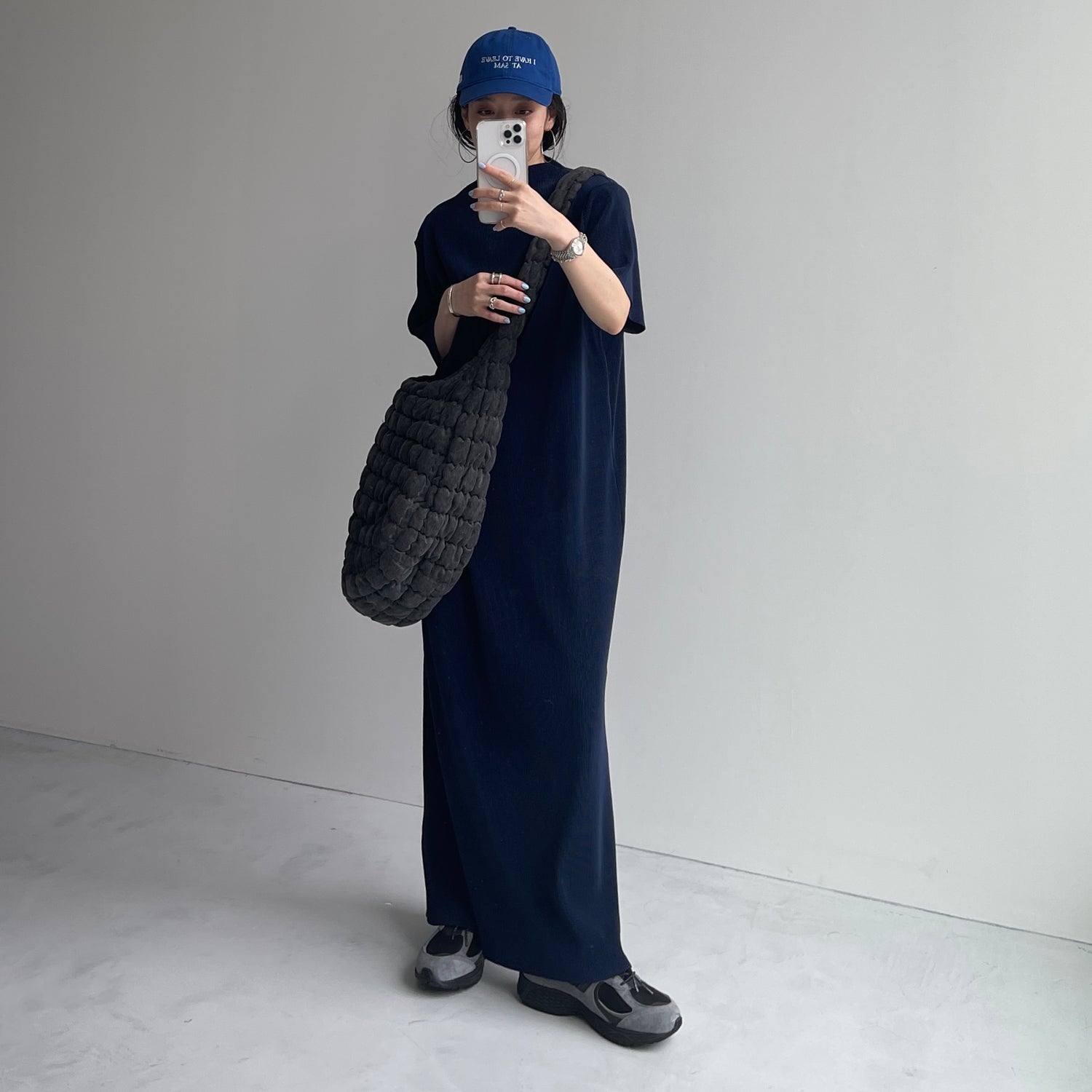 daily daily super stretch pleats one piece / navy [半袖 FREE or LONG]