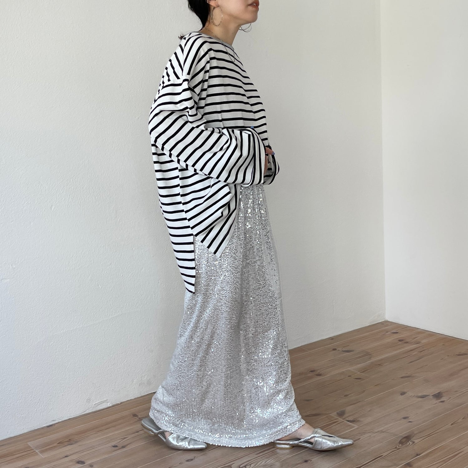 wide sleeve over size border tee / clear black×silver