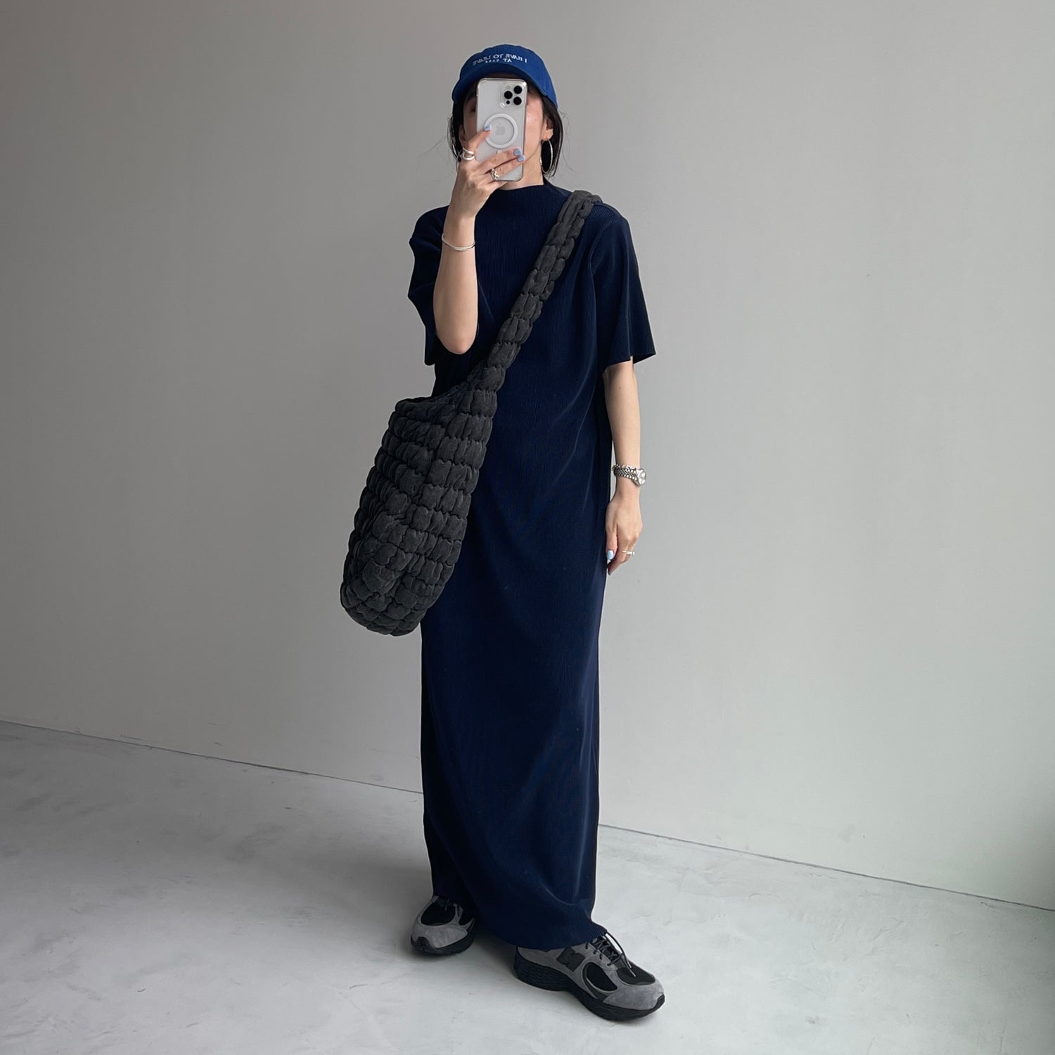 daily daily super stretch pleats one piece / navy [半袖 FREE or LONG]