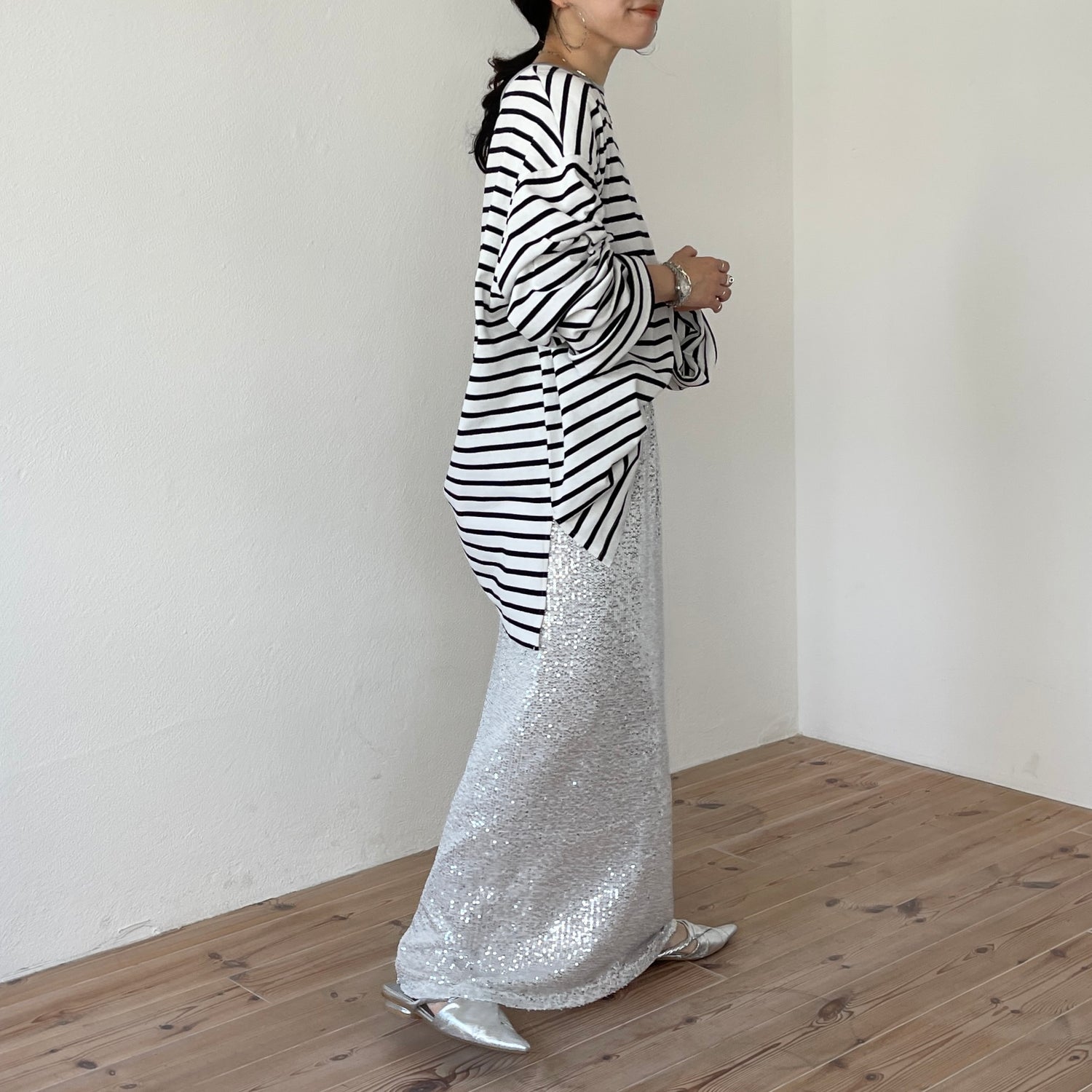 wide sleeve over size border tee / clear black×silver