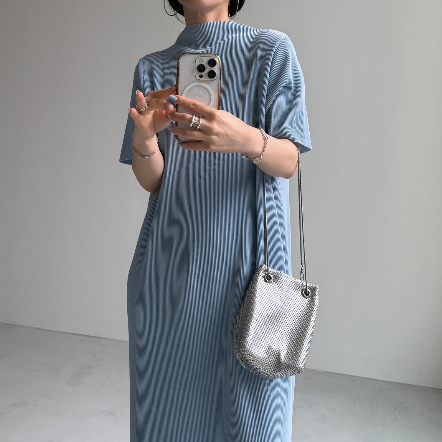 daily daily super stretch pleats one piece / light blue [半袖 FREE or LONG]
