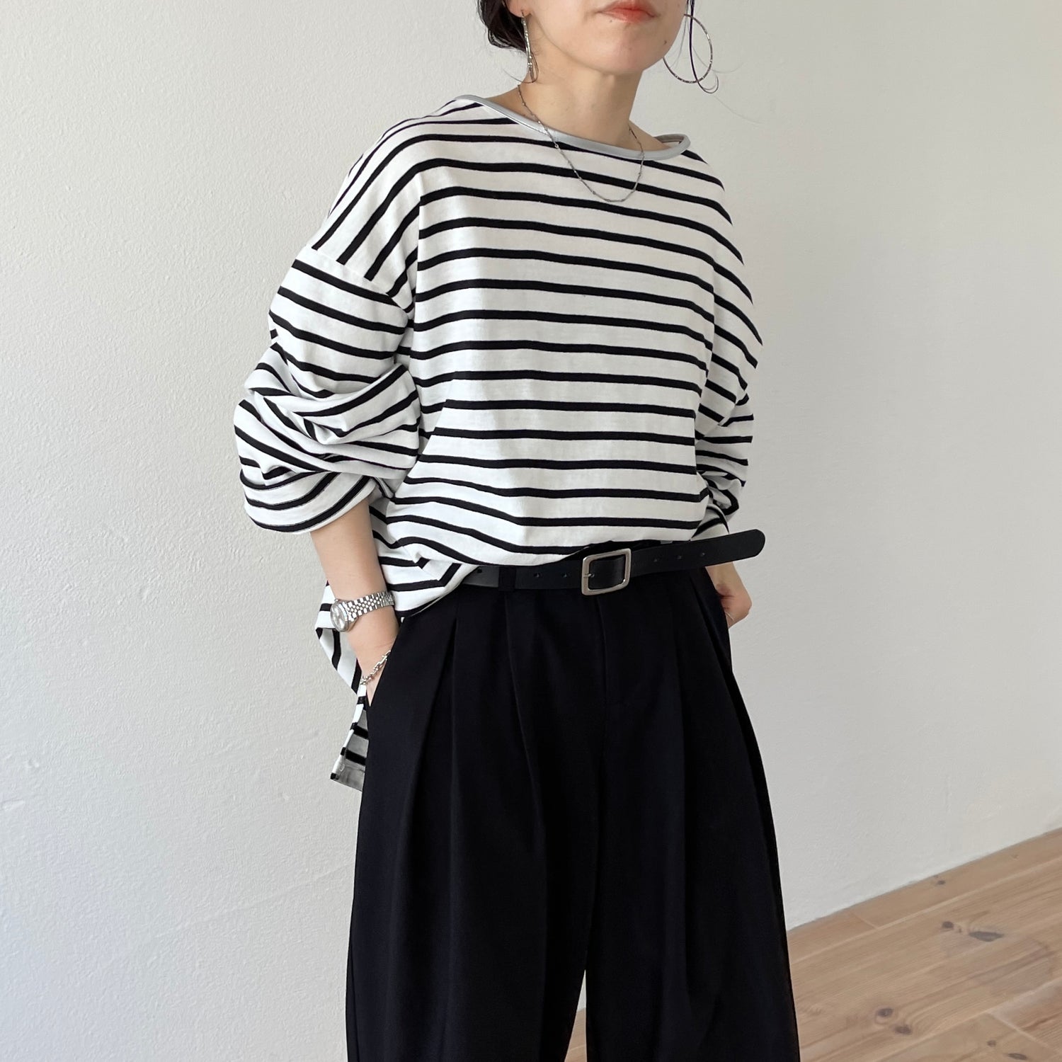 wide sleeve over size border tee / clear black×silver