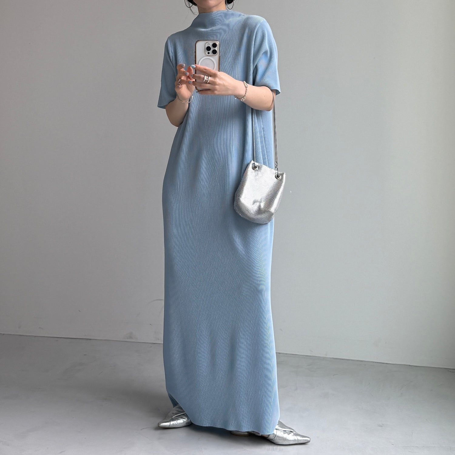 daily daily super stretch pleats one piece / light blue [半袖 FREE or LONG]