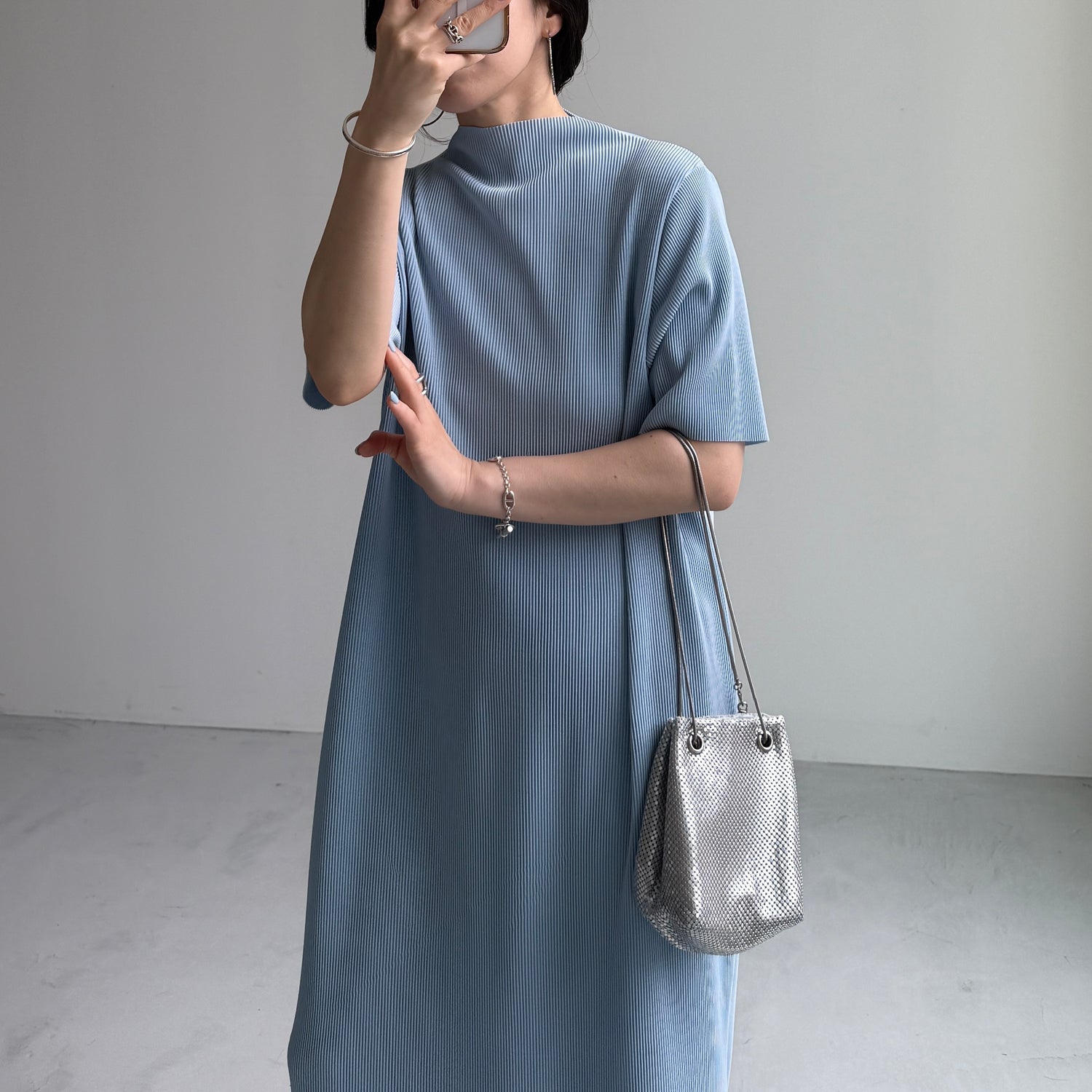 daily daily super stretch pleats one piece / light blue [半袖 FREE or LONG]