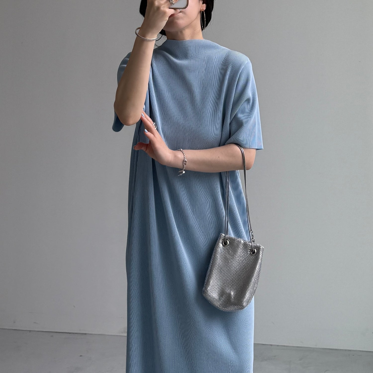 daily daily super stretch pleats one piece / light blue [半袖 FREE or LONG]