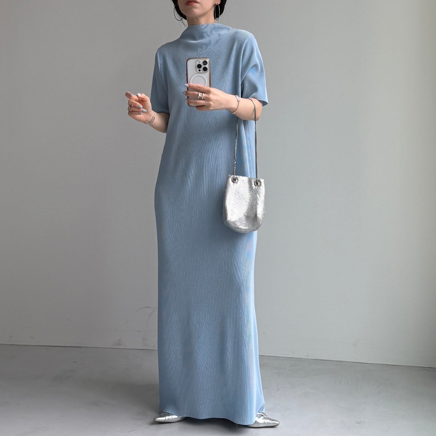 daily daily super stretch pleats one piece / light blue [半袖 FREE or LONG]