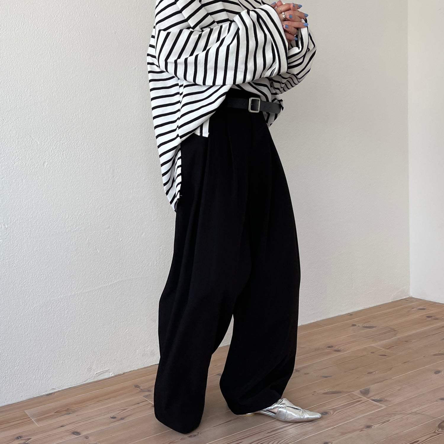 【2点SET】tuck wide curve pants  / black