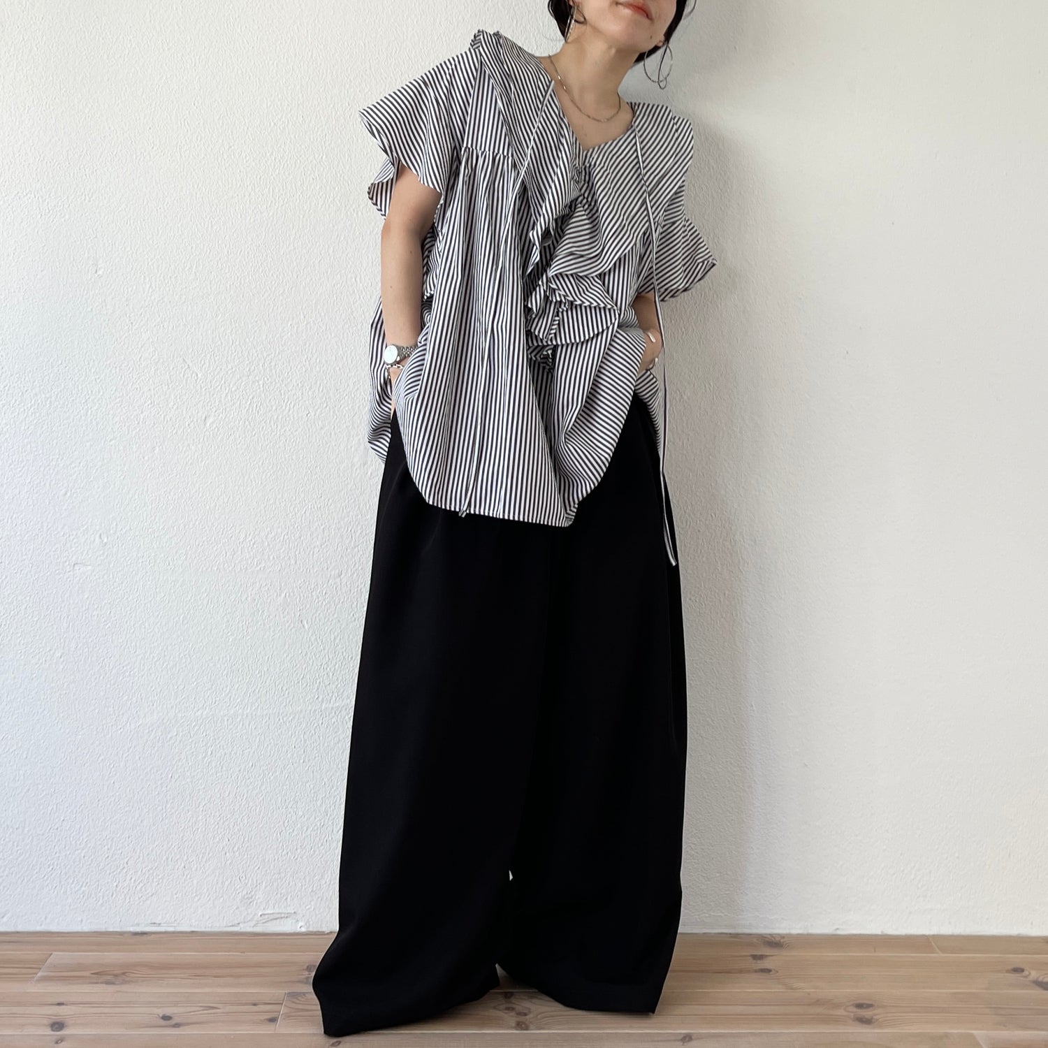 【2点SET】tuck wide curve pants  / black