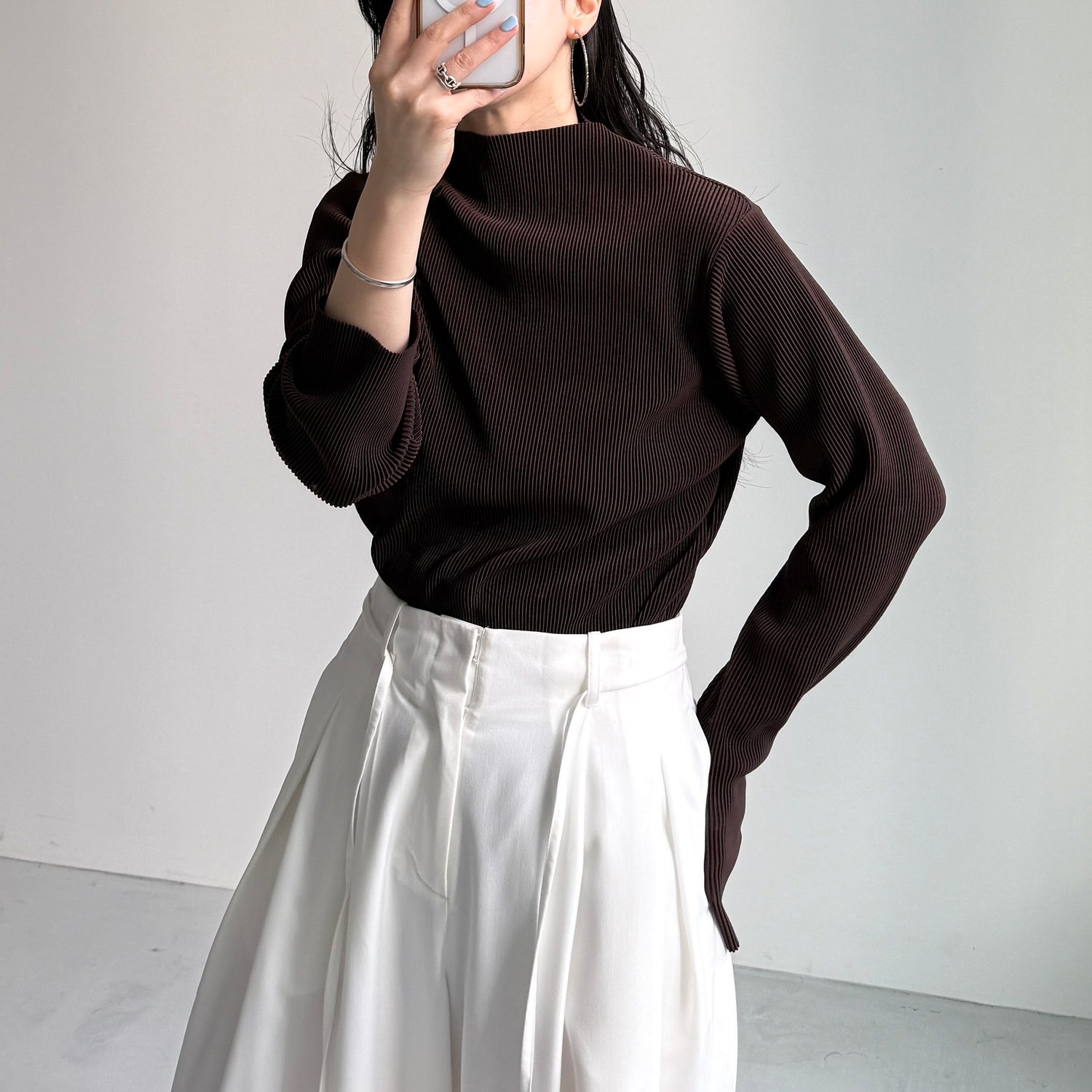 【公式サイト限定カラー】daily daily super stretch pleats tops / brown (プチハイのみ)