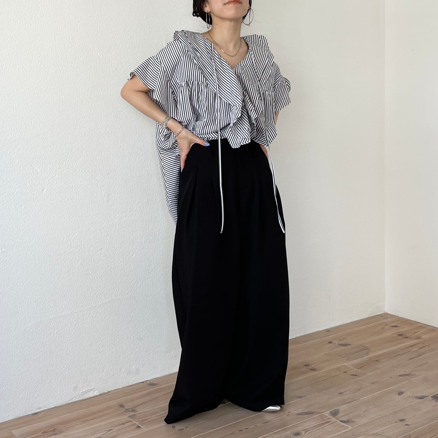 【2点SET】tuck wide curve pants  / black