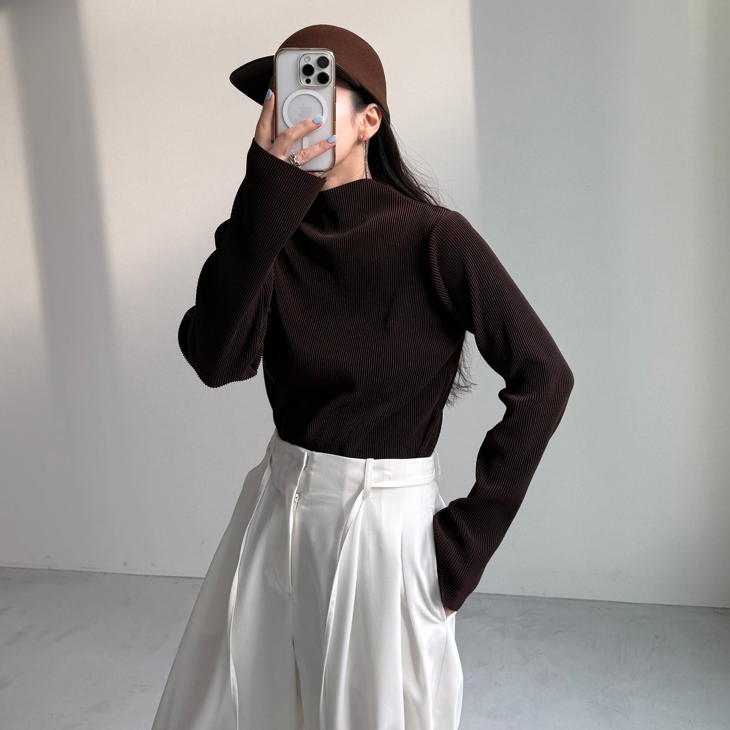 【公式サイト限定カラー】daily daily super stretch pleats tops / brown (プチハイのみ)