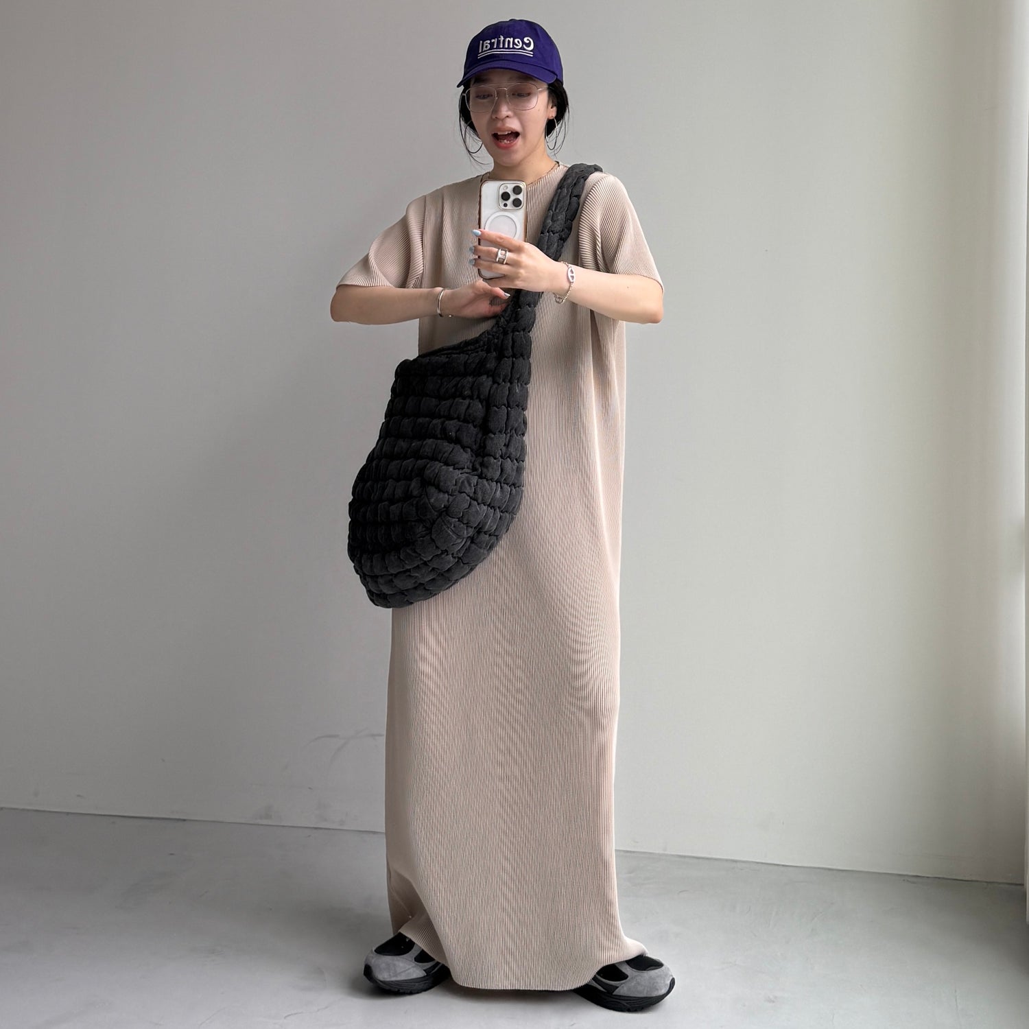 daily daily super stretch crew neck pleats one piece / ivory [半袖 FREE or LONG]