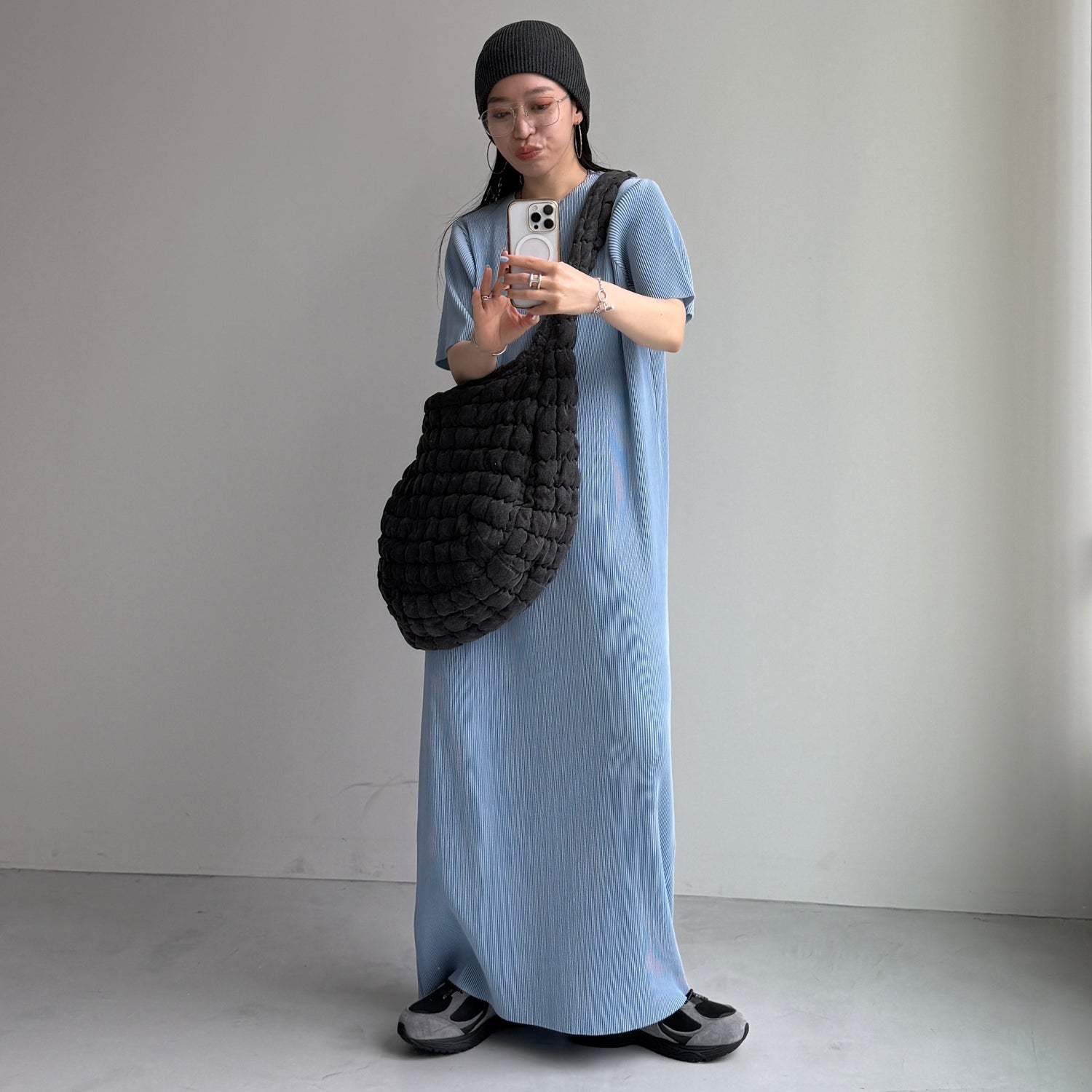 daily daily super stretch crew neck pleats one piece / light blue [半袖 FREE or LONG]