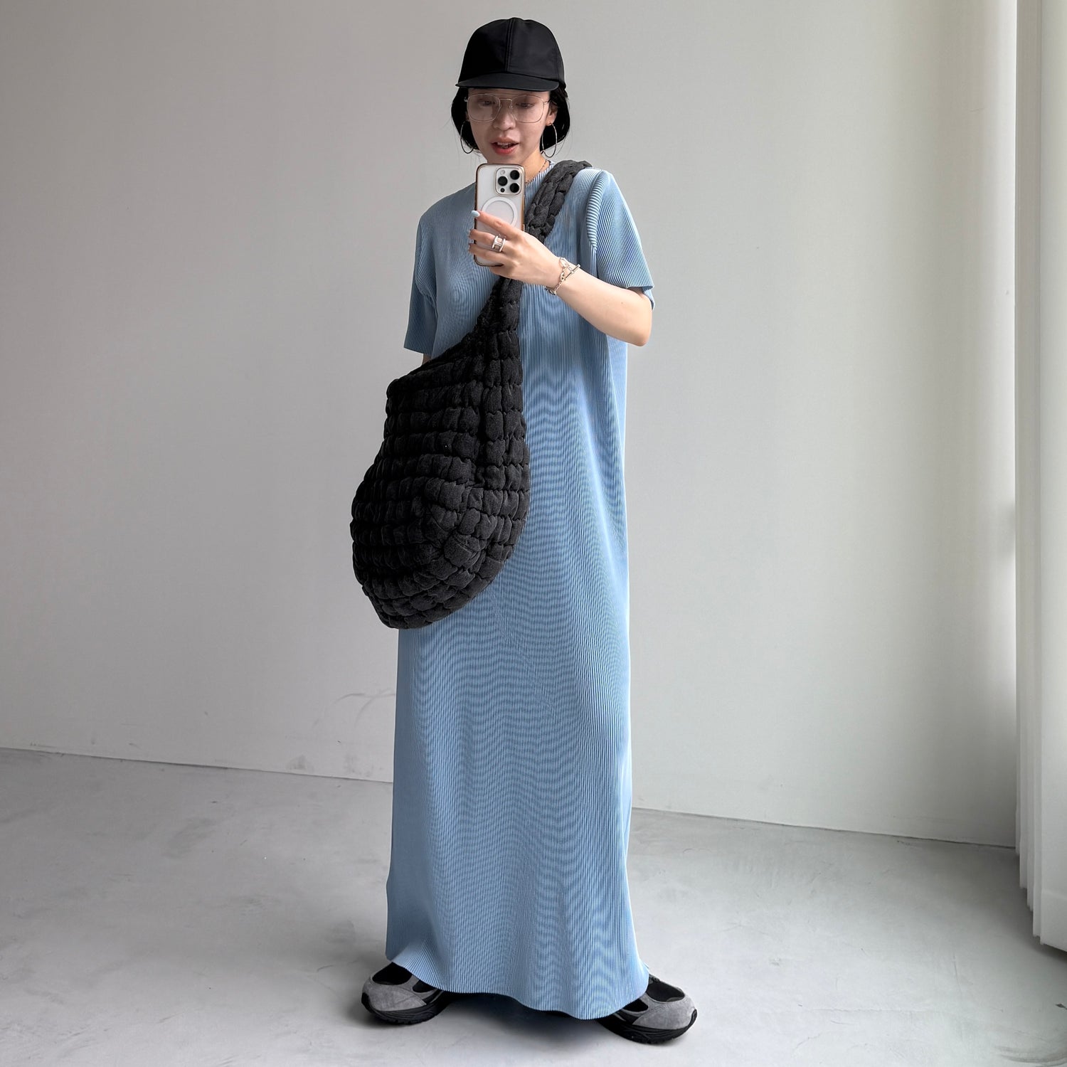 daily daily super stretch crew neck pleats one piece / light blue [半袖 FREE or LONG]