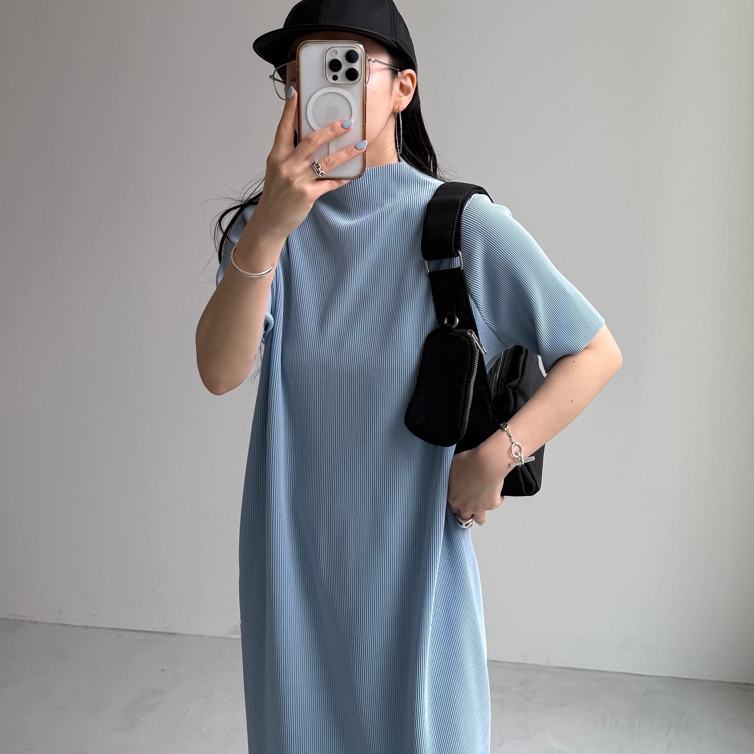 daily daily super stretch pleats one piece / light blue [半袖 FREE or LONG]