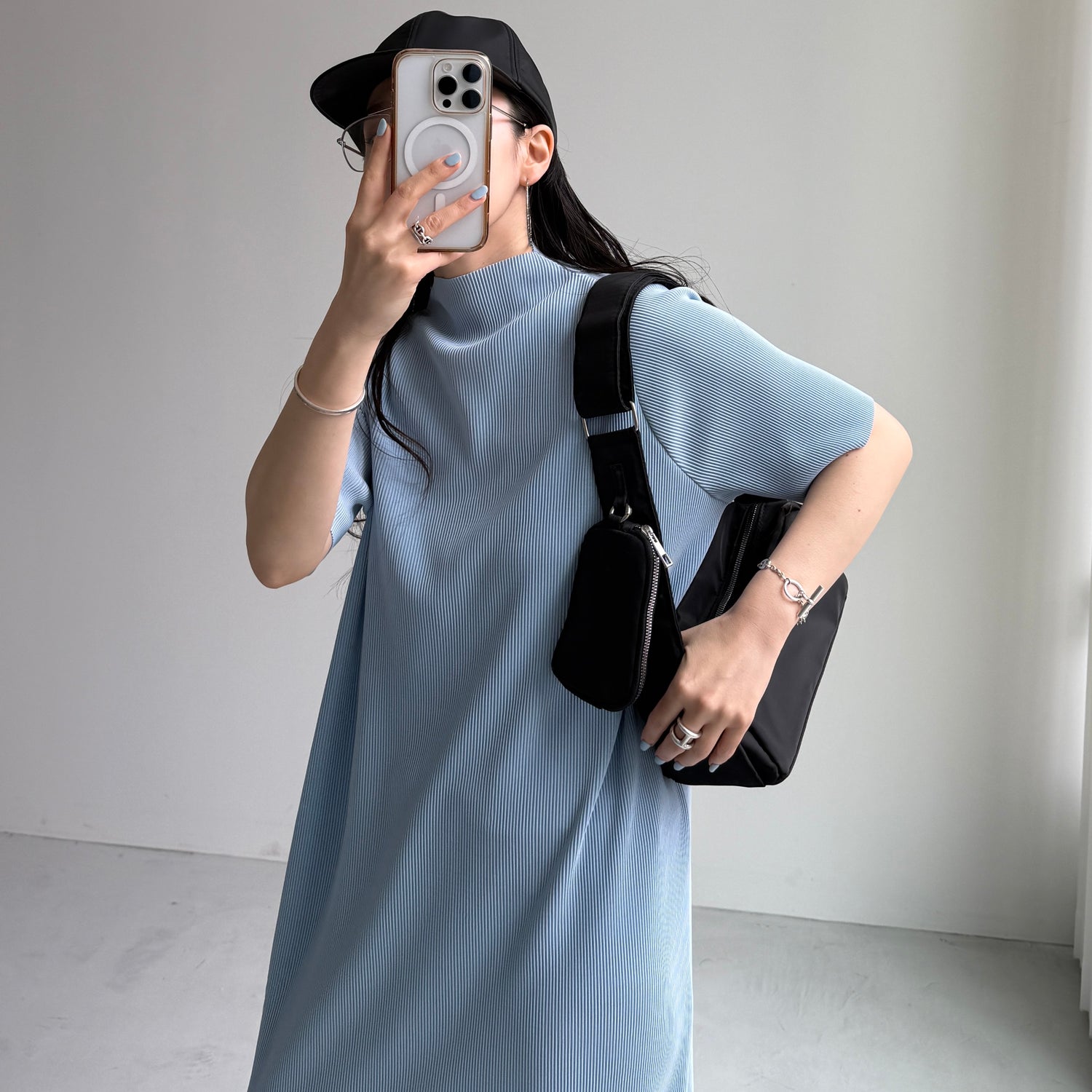daily daily super stretch pleats one piece / light blue [半袖 FREE or LONG]
